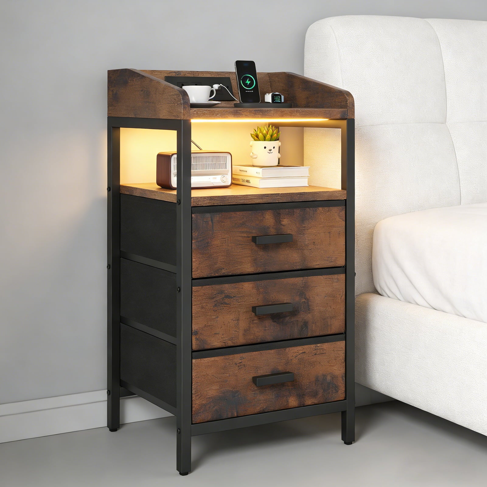 Modern Charging Nightstand with Light 3 Drawer Bedside Table End Chest