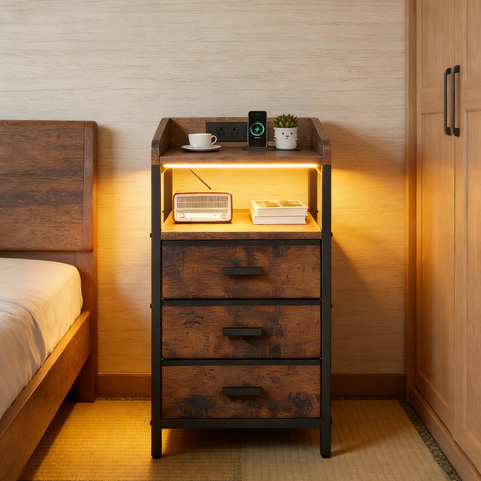Modern Charging Nightstand with Light 3 Drawer Bedside Table End Chest