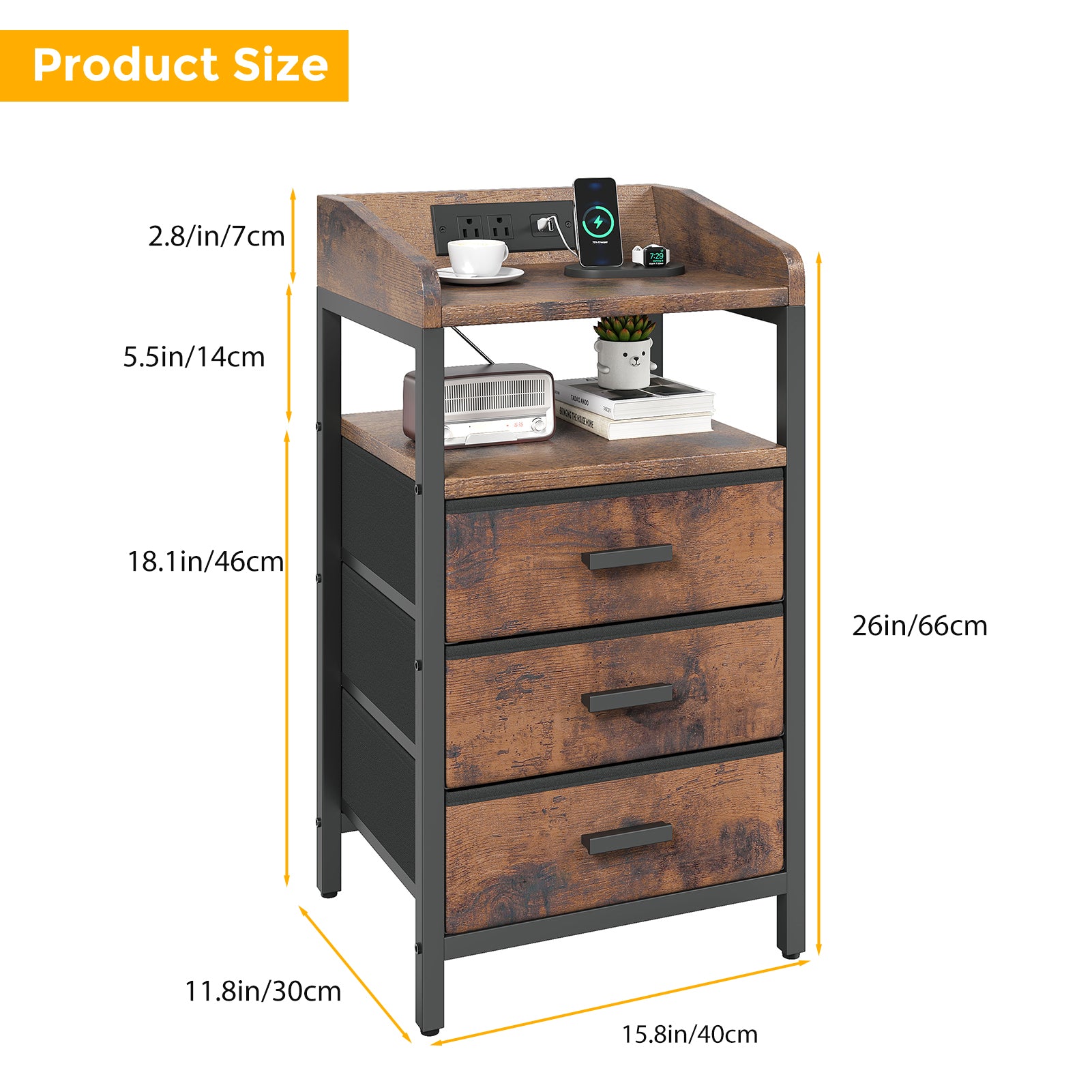 Modern Charging Nightstand with Light 3 Drawer Bedside Table End Chest