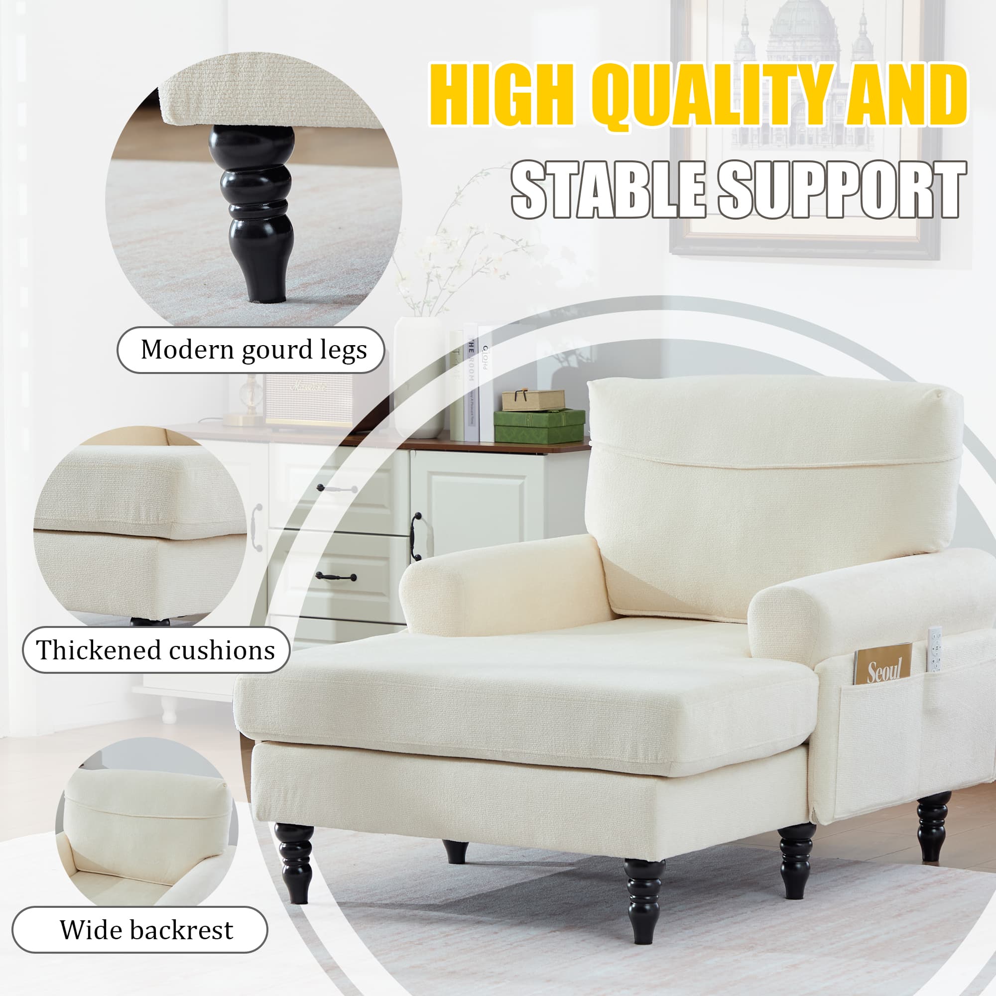 49.4" Chenille Accent Chair Chaise Lounge Wide Cushion Lounger