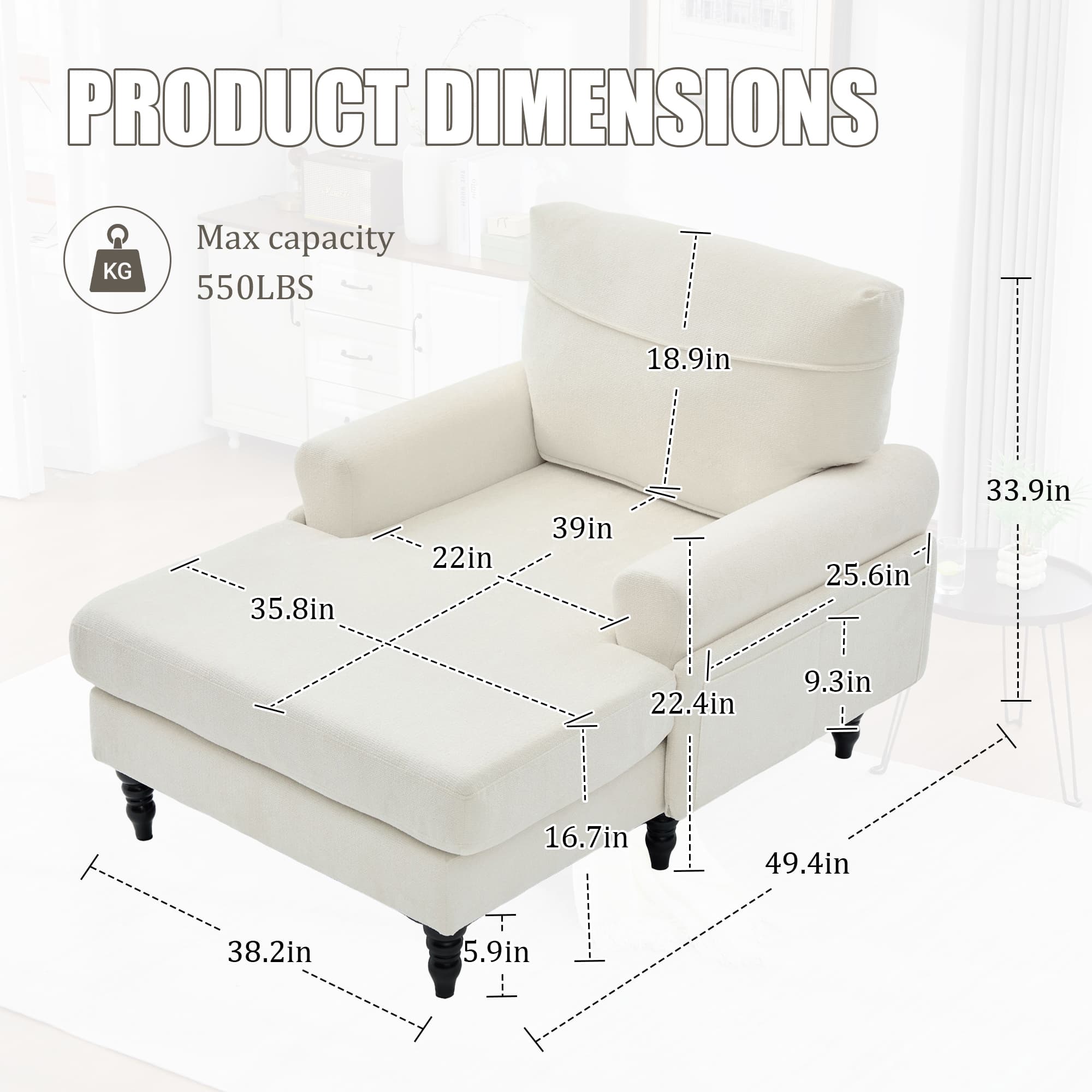 49.4" Chenille Accent Chair Chaise Lounge Wide Cushion Lounger