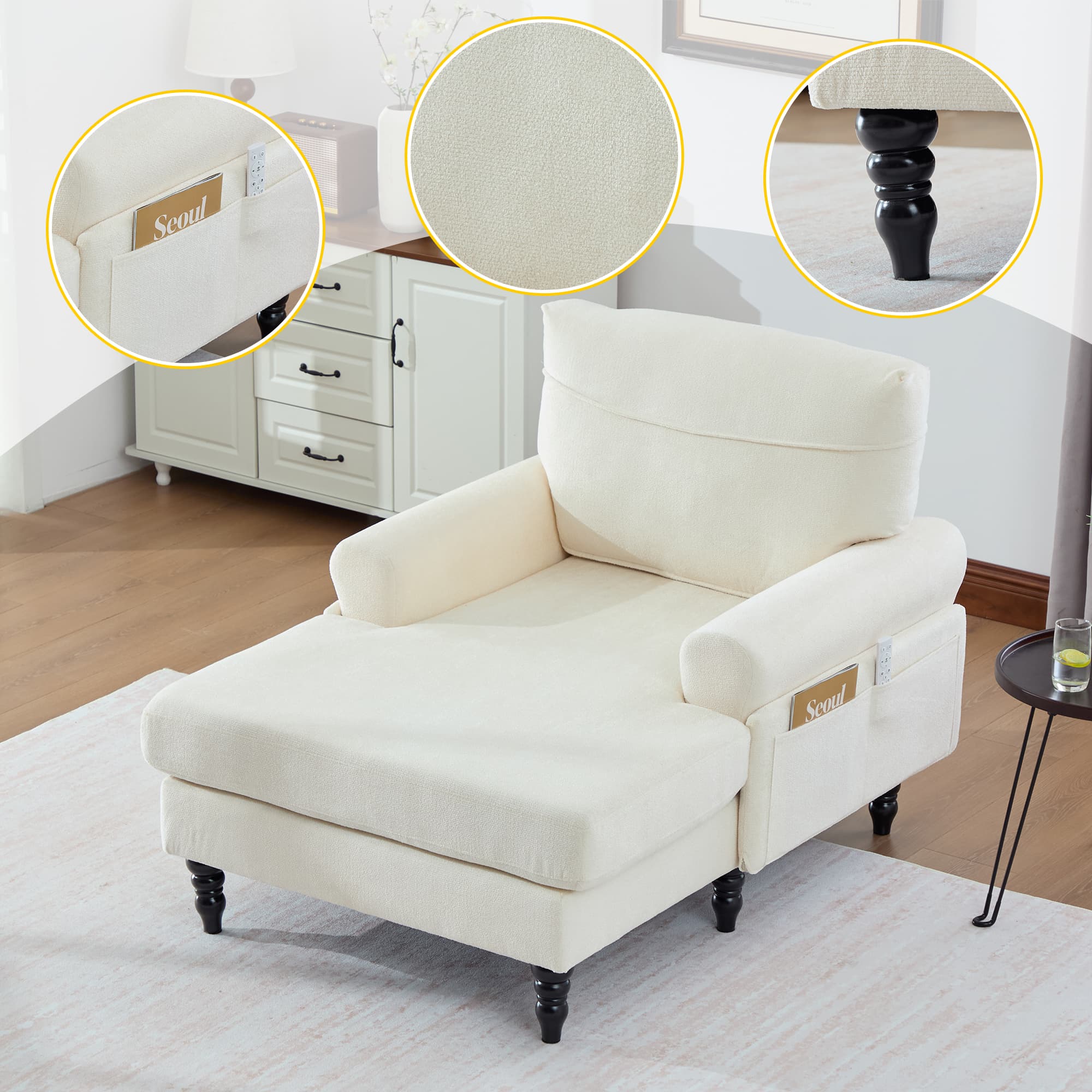 49.4" Chenille Accent Chair Chaise Lounge Wide Cushion Lounger