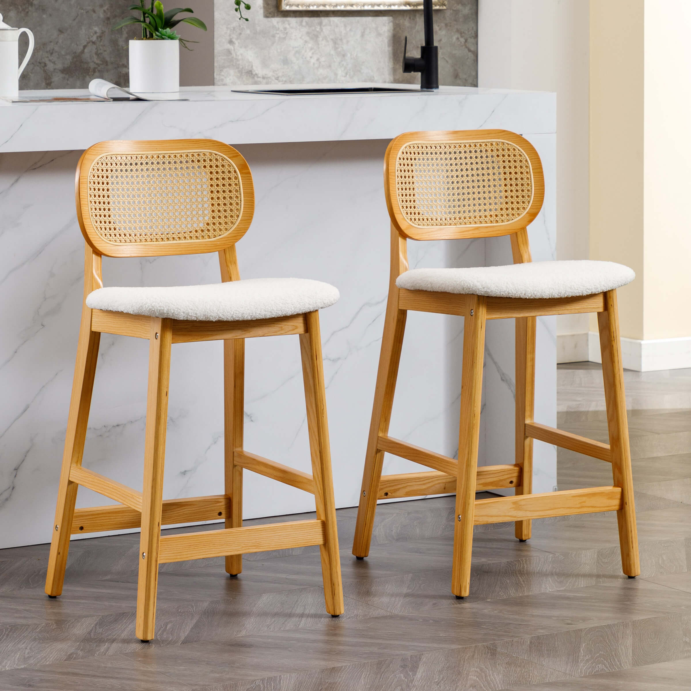 VESCASA 26"H Farmhouse Rattan Back Counter Stools Set of 2 - 5026CS