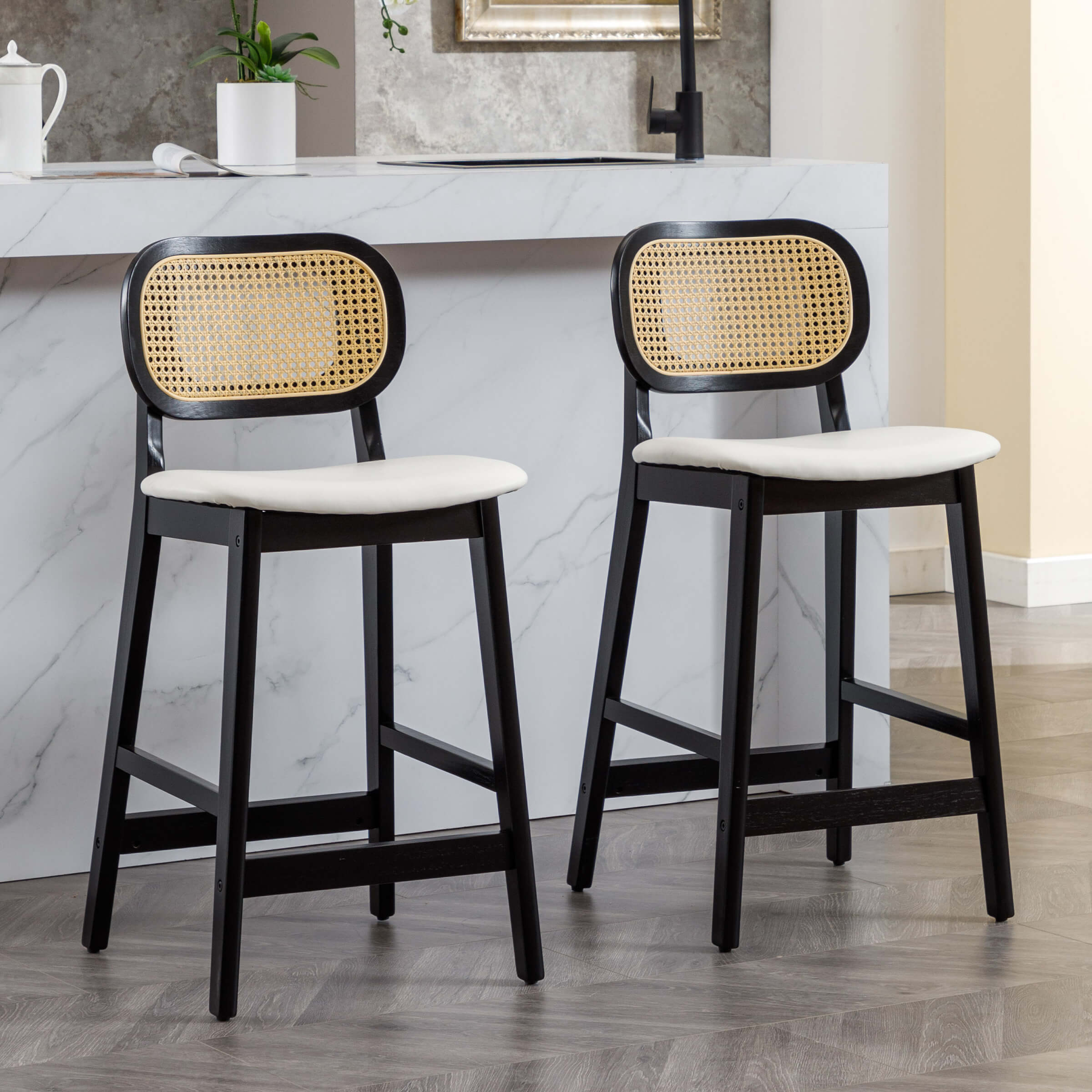 VESCASA 26"H Farmhouse Rattan Back Counter Stools Set of 2 - 5026CS