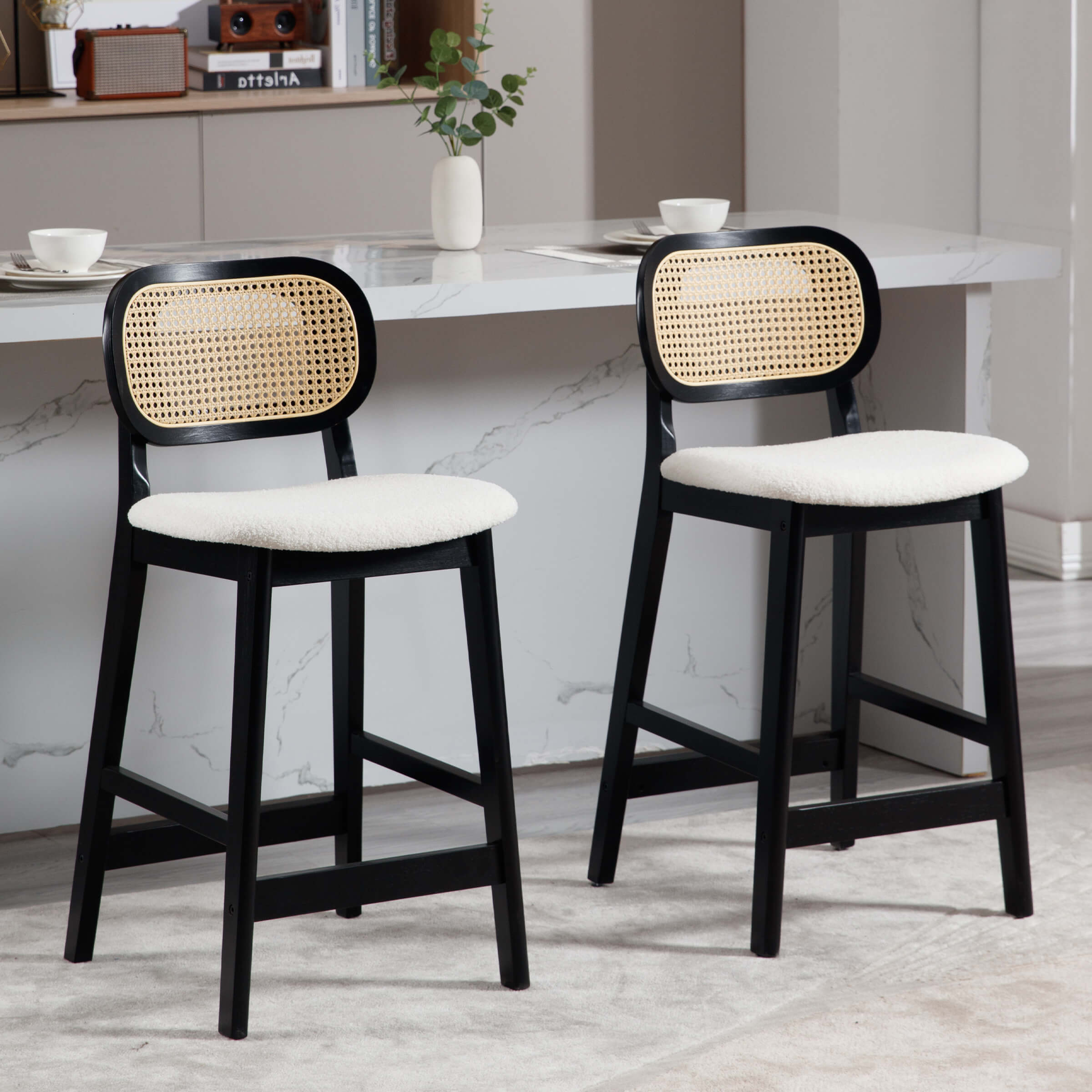 VESCASA 26"H Farmhouse Rattan Back Counter Stools Set of 2 - 5026CS