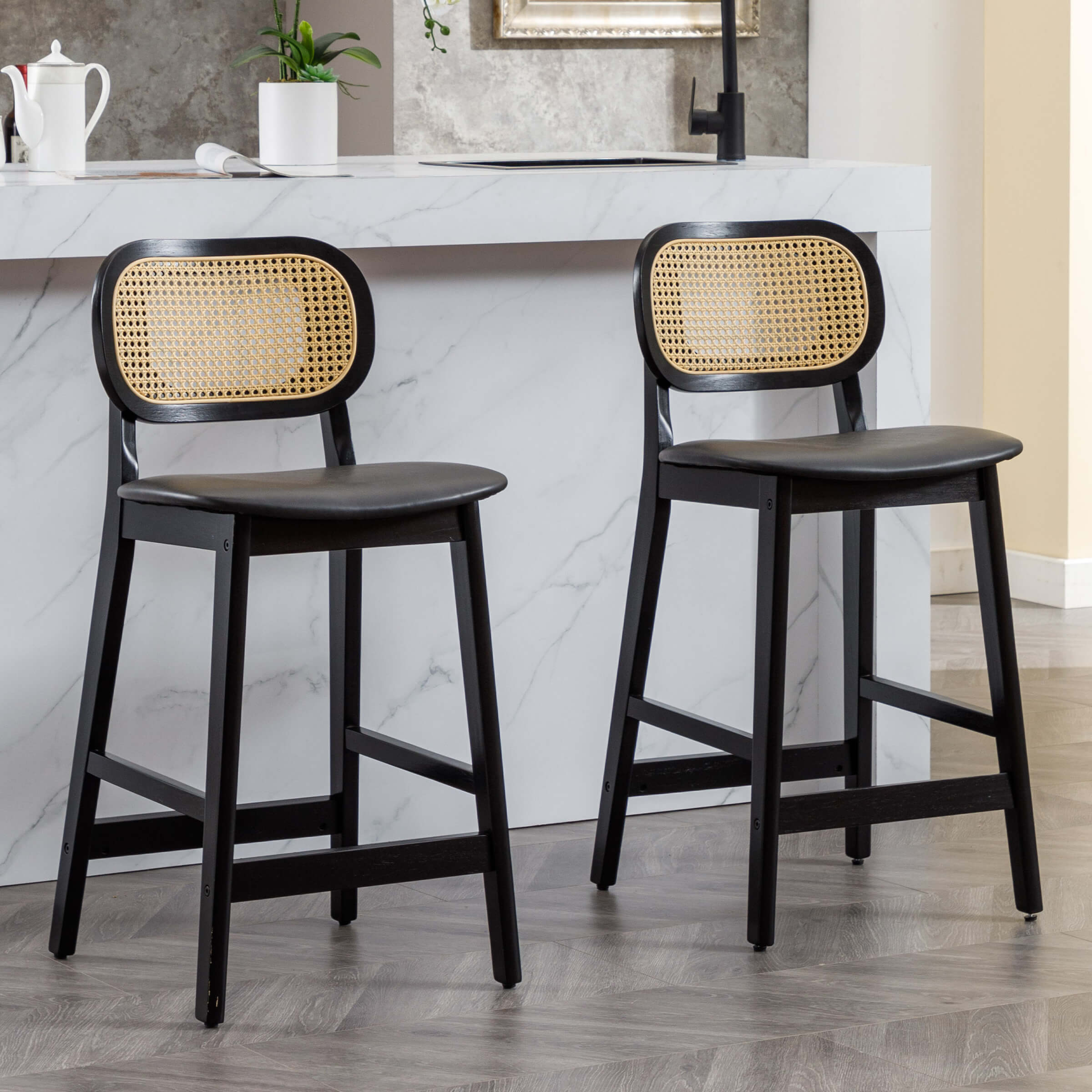 VESCASA 26"H Farmhouse Rattan Back Counter Stools Set of 2 - 5026CS