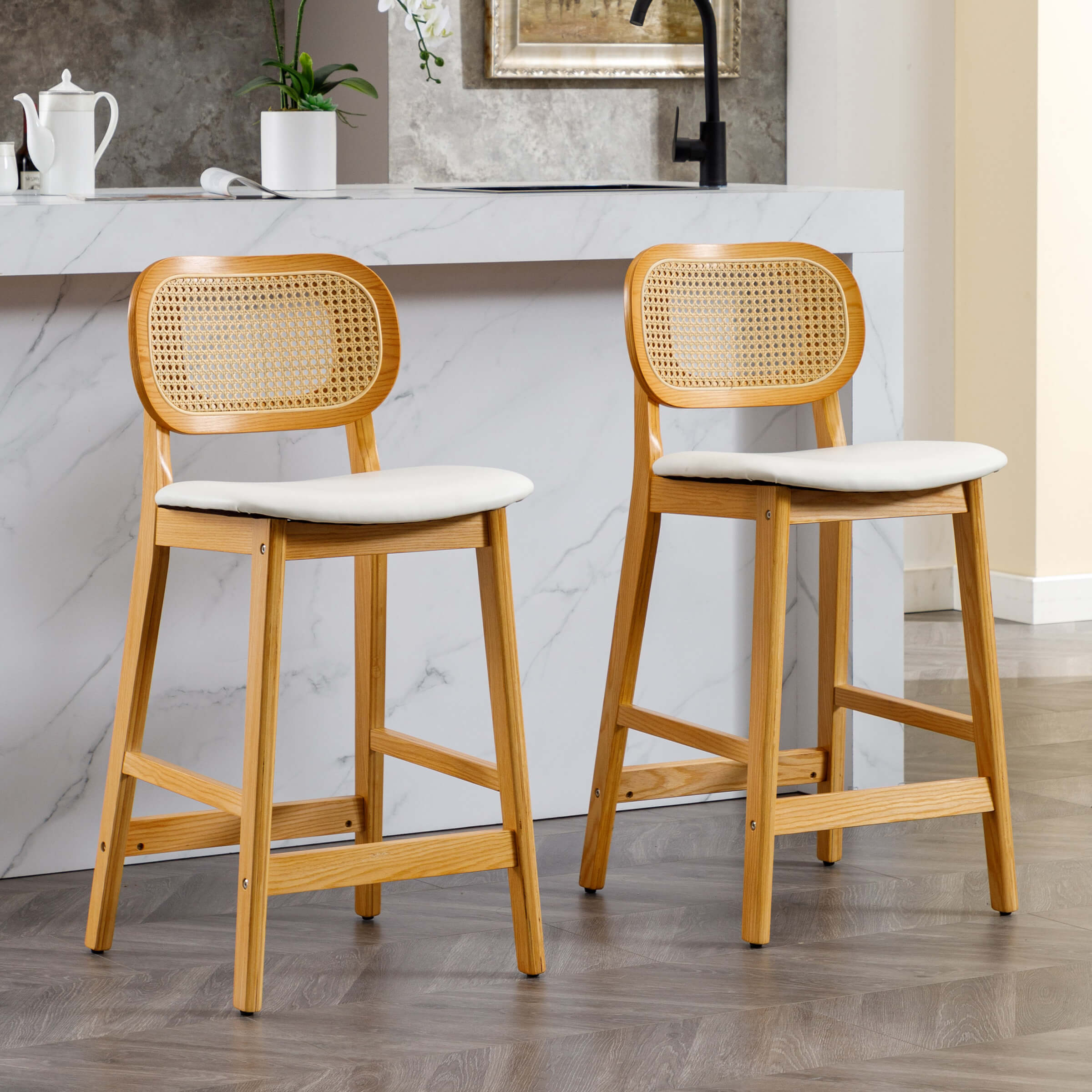 VESCASA 26"H Farmhouse Rattan Back Counter Stools Set of 2 - 5026CS
