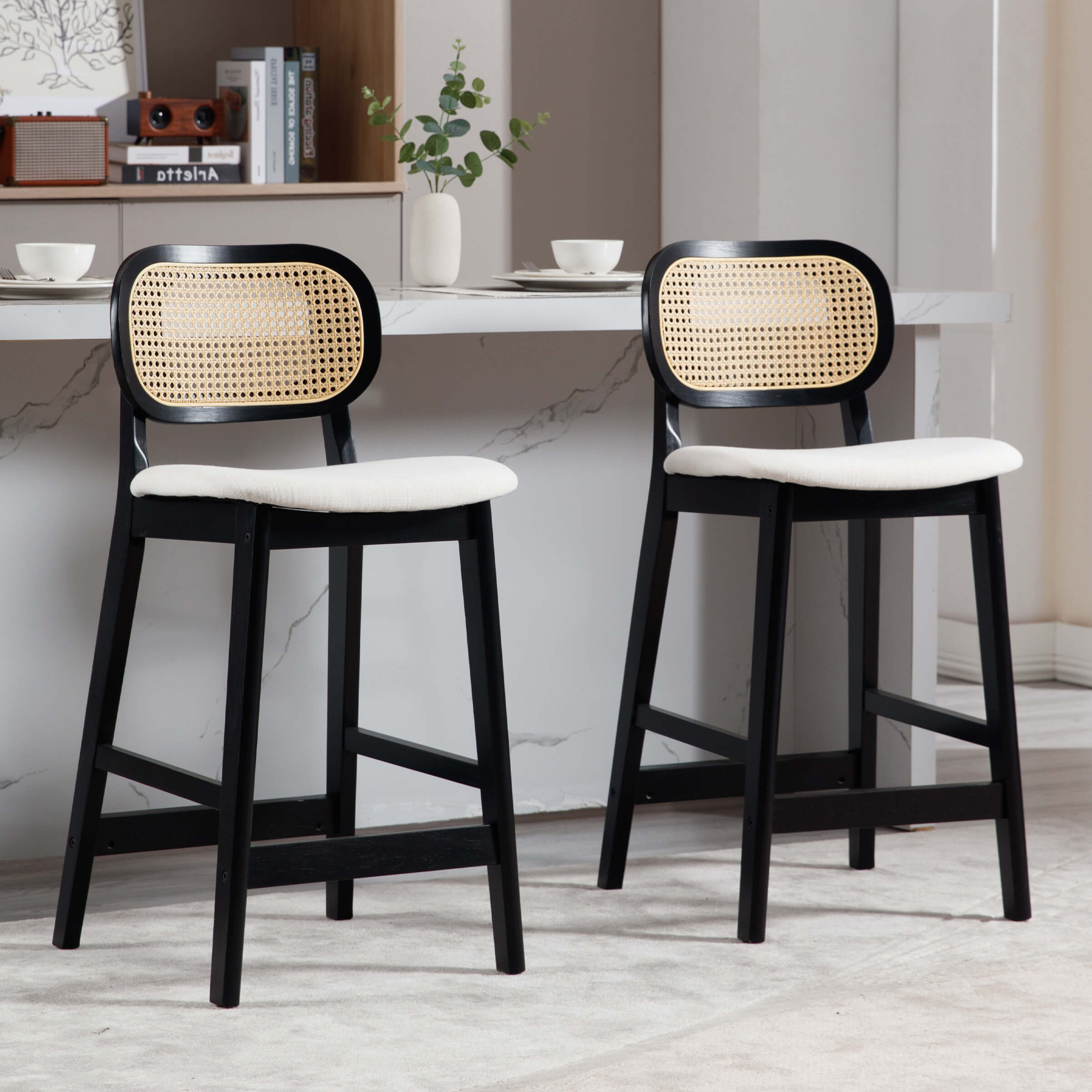 VESCASA 26"H Farmhouse Rattan Back Counter Stools Set of 2 - 5026CS
