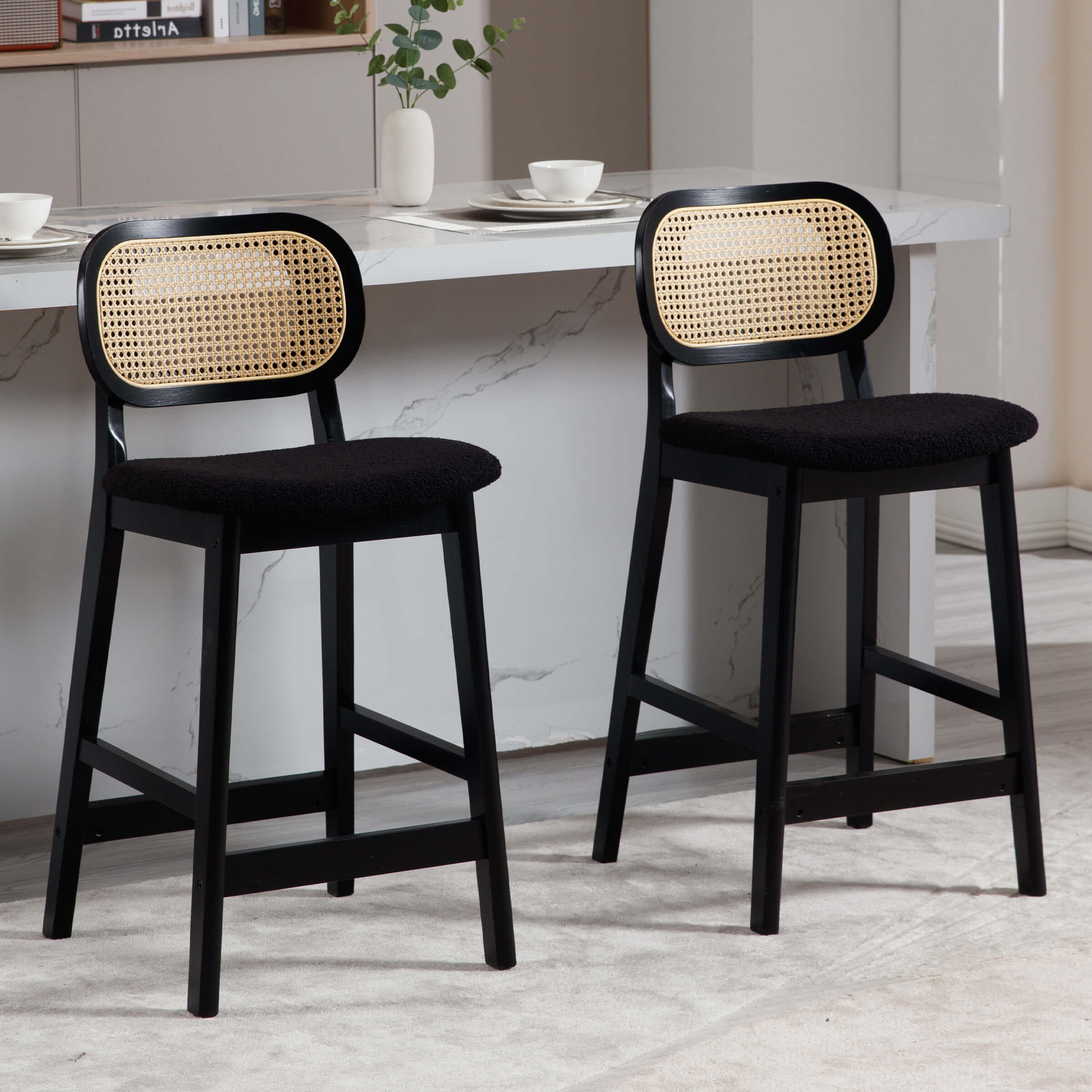 VESCASA 26"H Farmhouse Rattan Back Counter Stools Set of 2 - 5026CS
