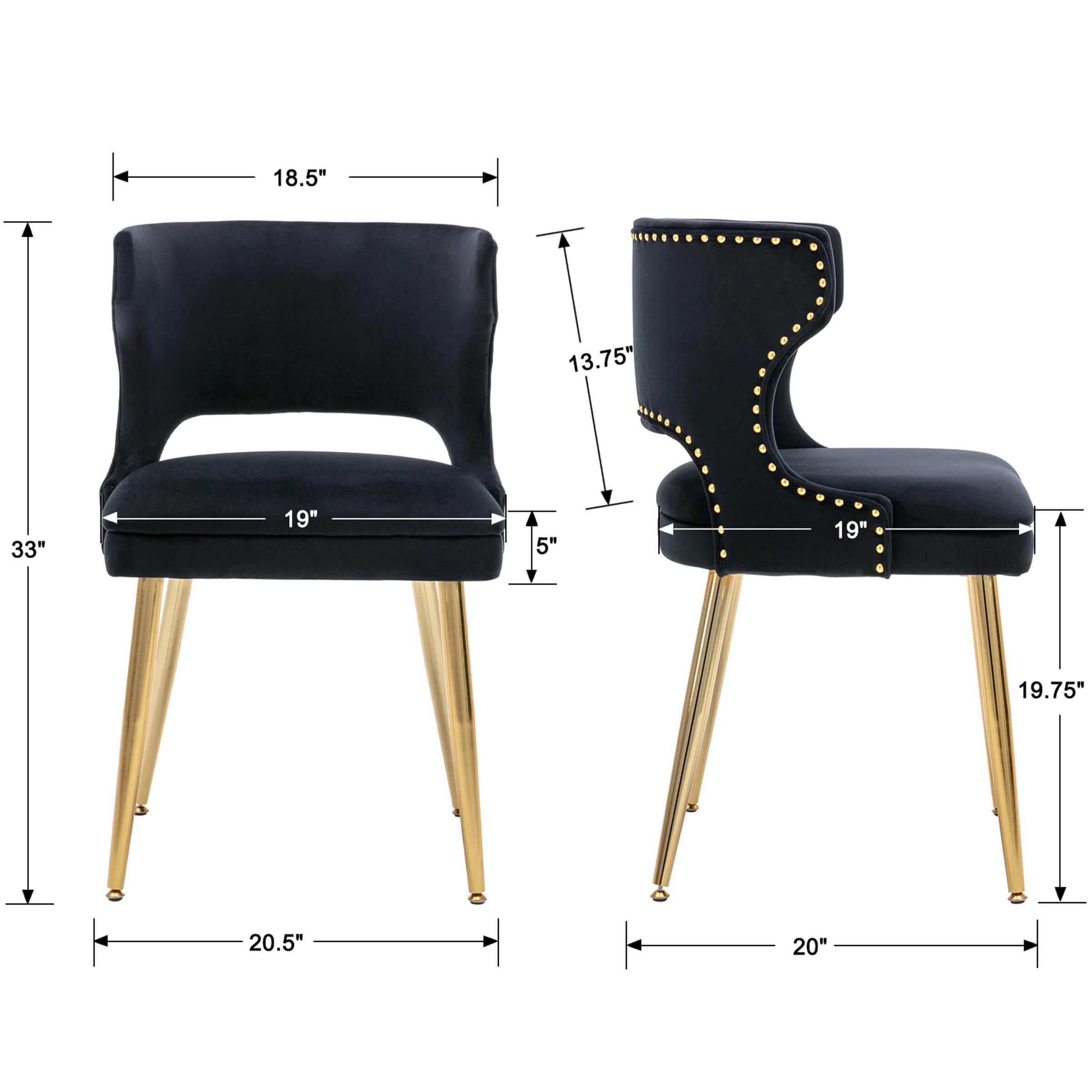 CHICAURA Modern Velvet Gold Metal Legs Dining Chairs Set of 2 - 60271DC