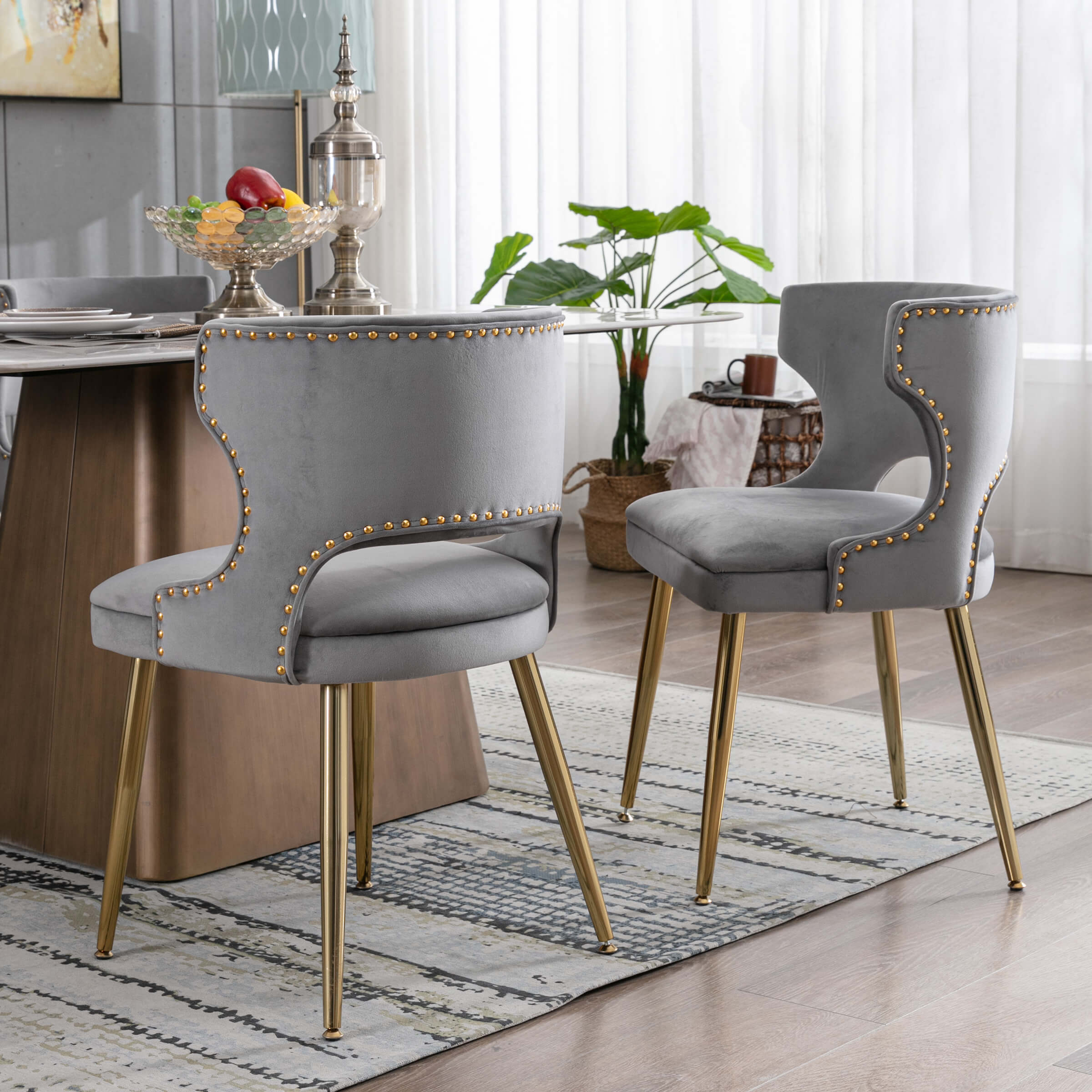 CHICAURA Modern Velvet Gold Metal Legs Dining Chairs Set of 2 - 60271DC
