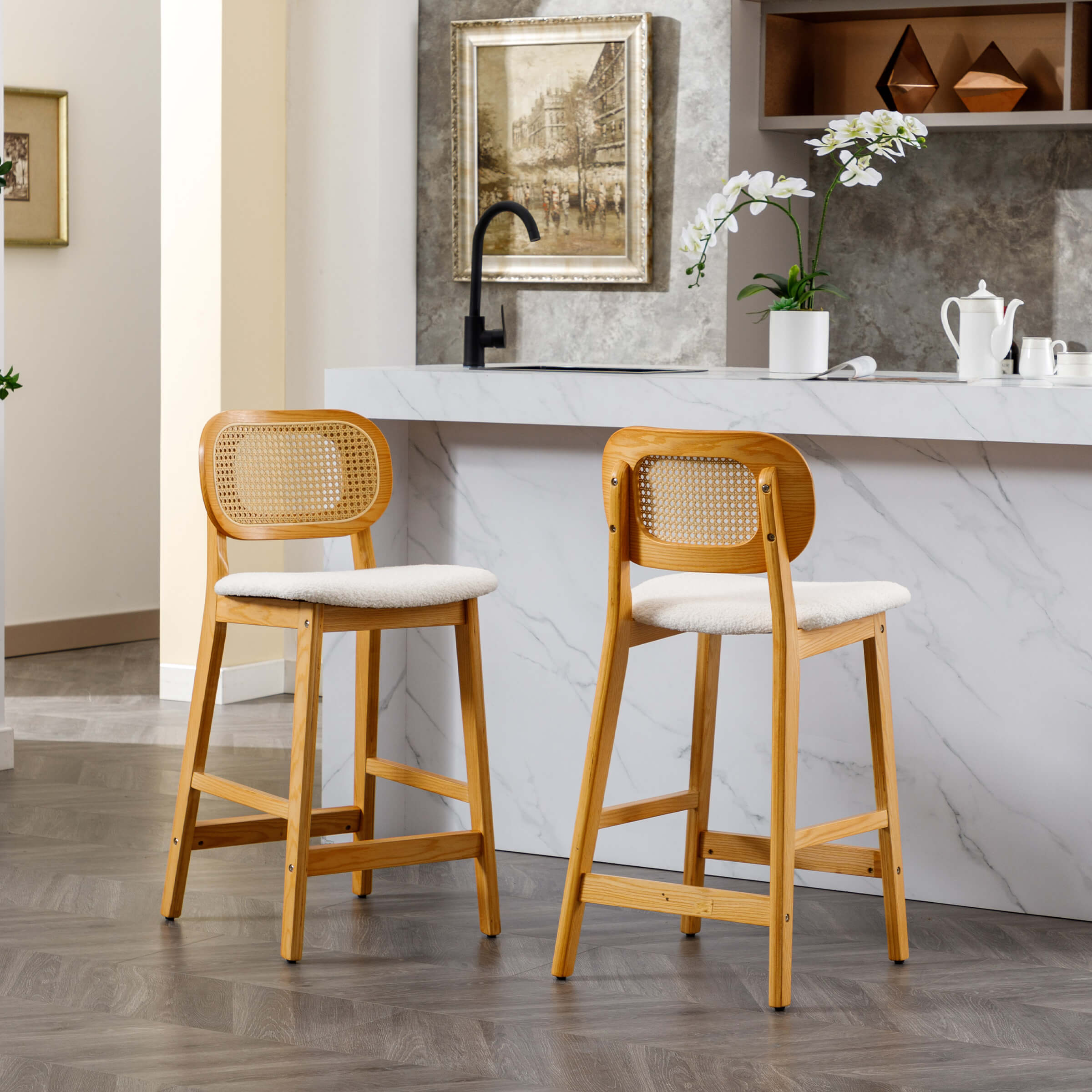 VESCASA 26"H Farmhouse Rattan Back Counter Stools Set of 2 - 5026CS
