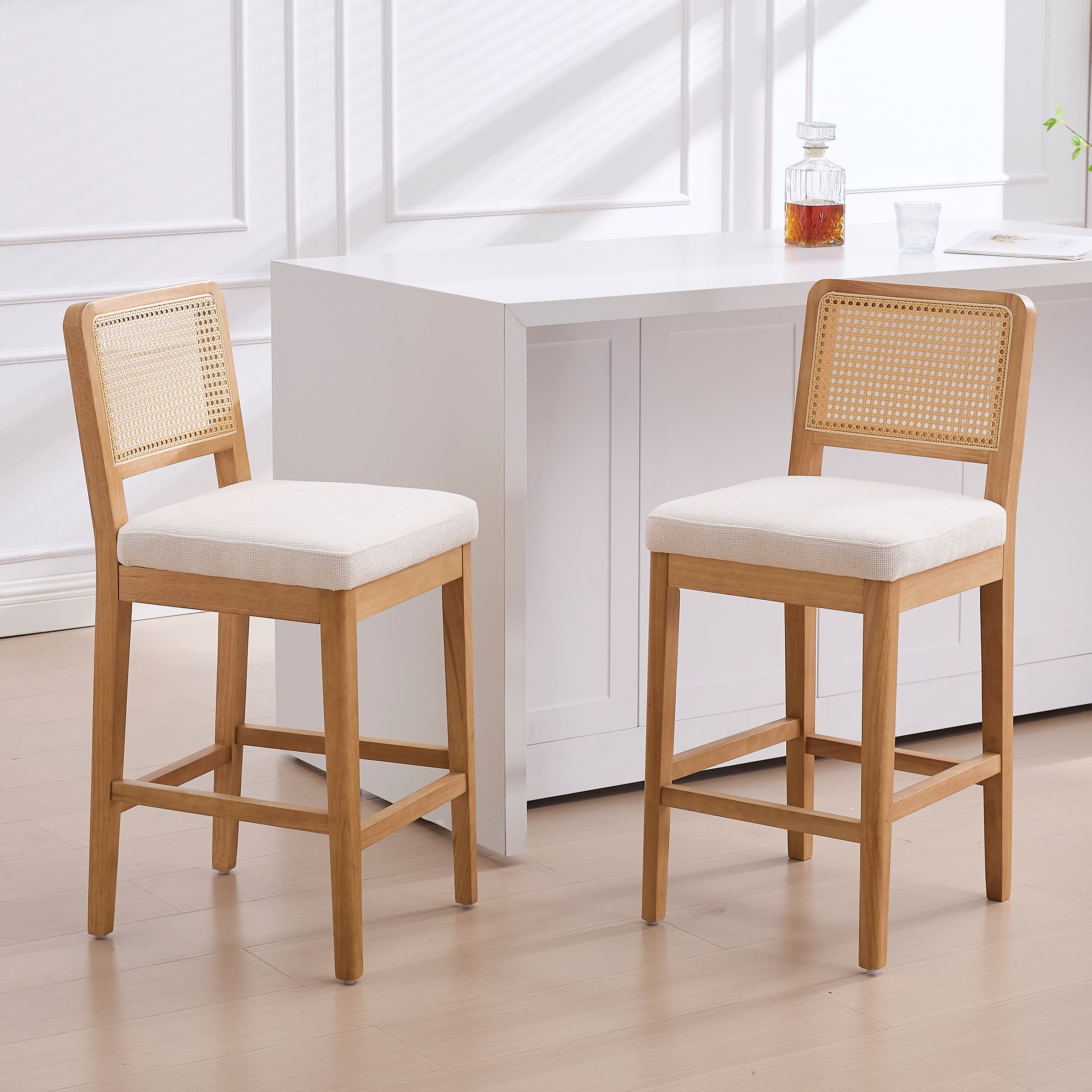 Farmhouse Rattan Back Chenille Counter Stool Set of 2 - 3234CS