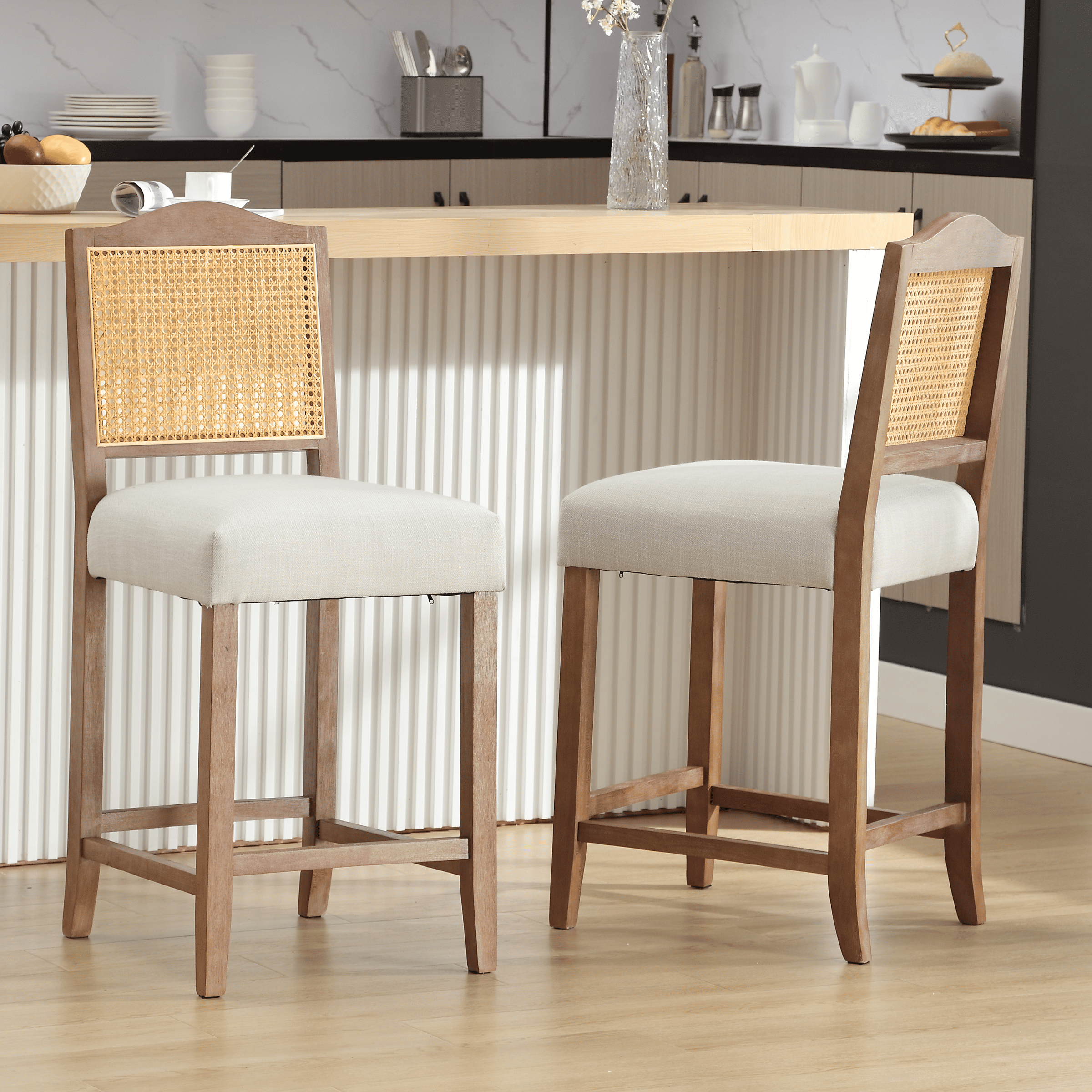 CIMOTA 26.5"H & 30.2"H Farmhouse Rattan Counter Stools Set of 2 - 5739
