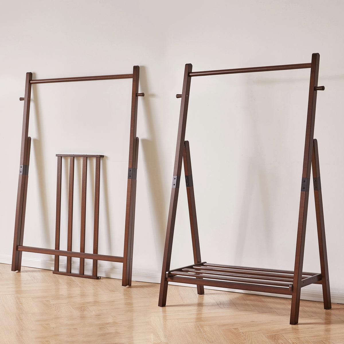 Foldable A-Shaped Solid Pine Clothes Rack with Shelf and Hooks