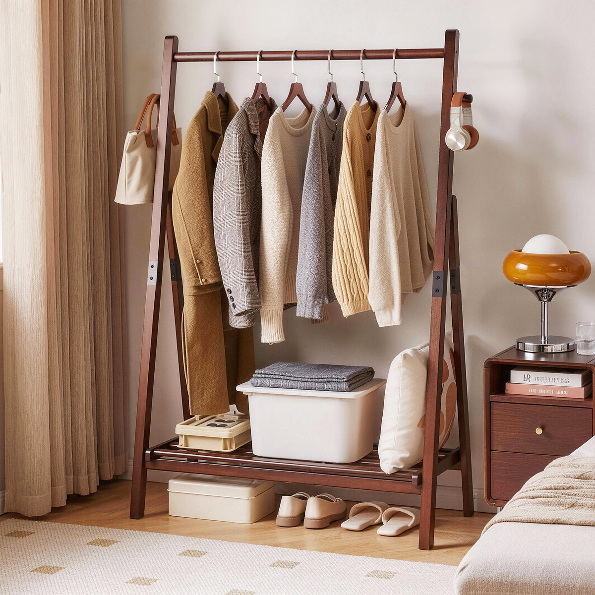 Foldable A-Shaped Solid Pine Clothes Rack with Shelf and Hooks