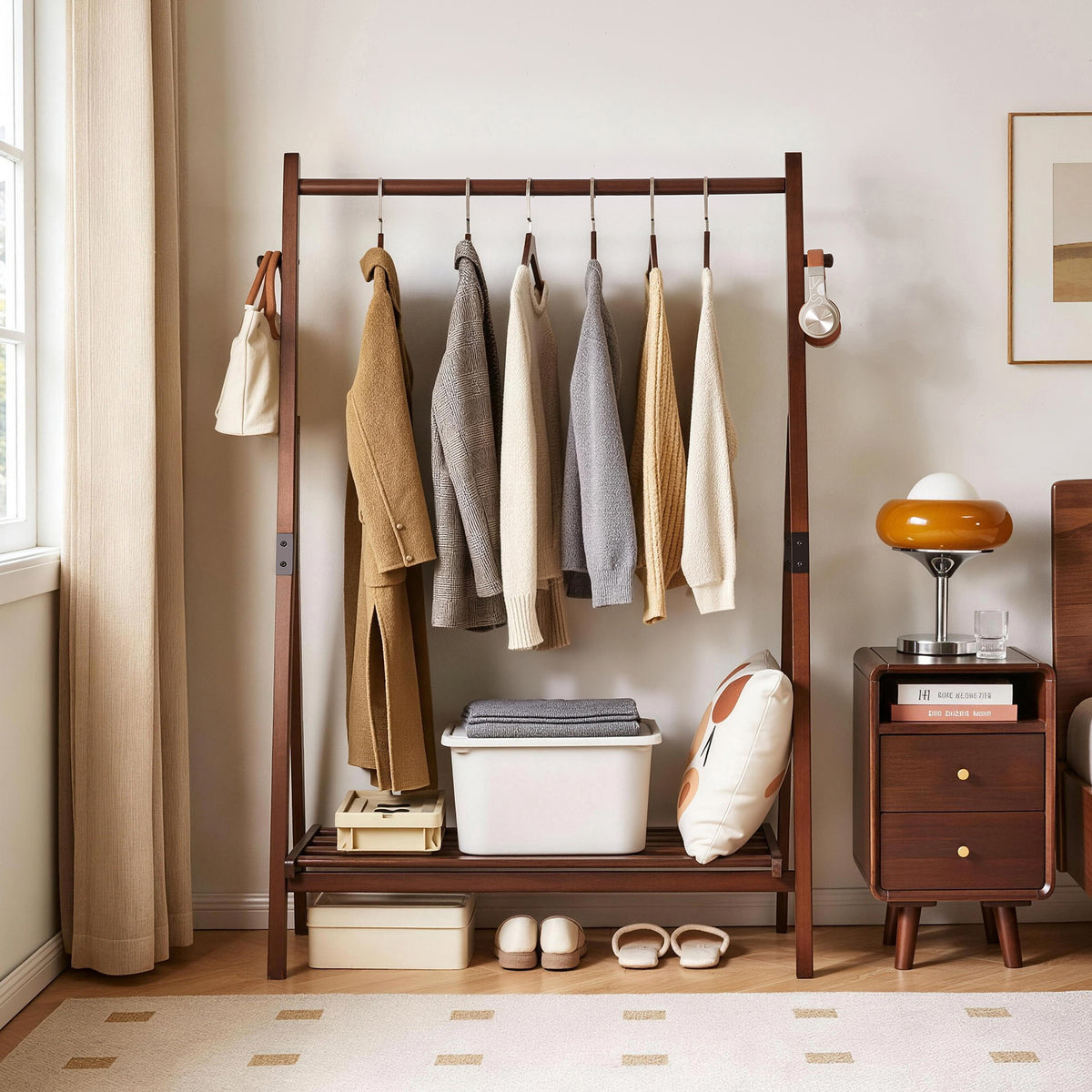 Foldable A-Shaped Solid Pine Clothes Rack with Shelf and Hooks
