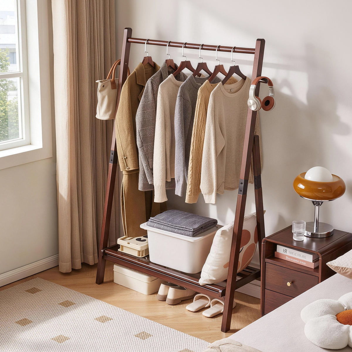 Foldable A-Shaped Solid Pine Clothes Rack with Shelf and Hooks