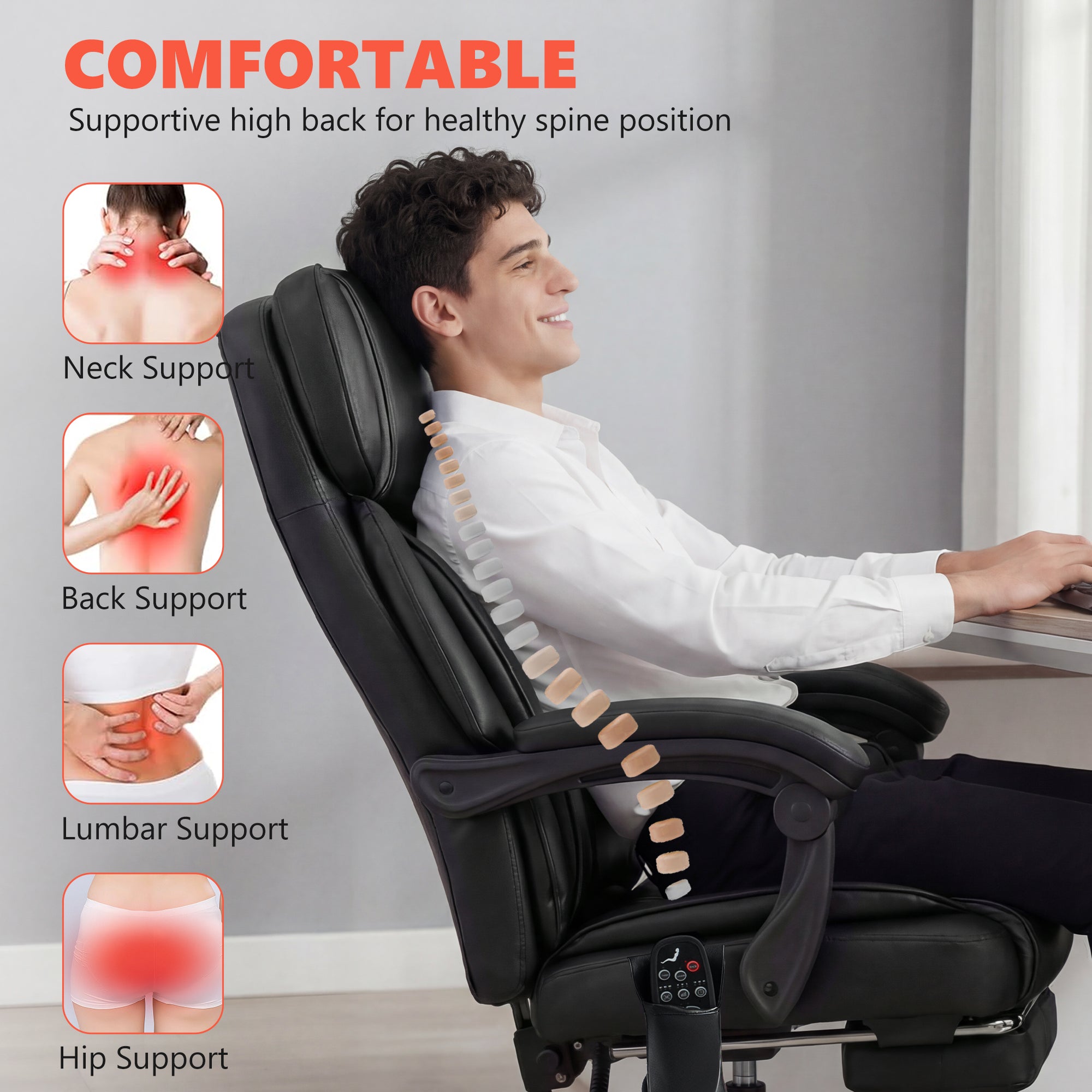 High Back Massage Office Chair with Footrest & Heat Function