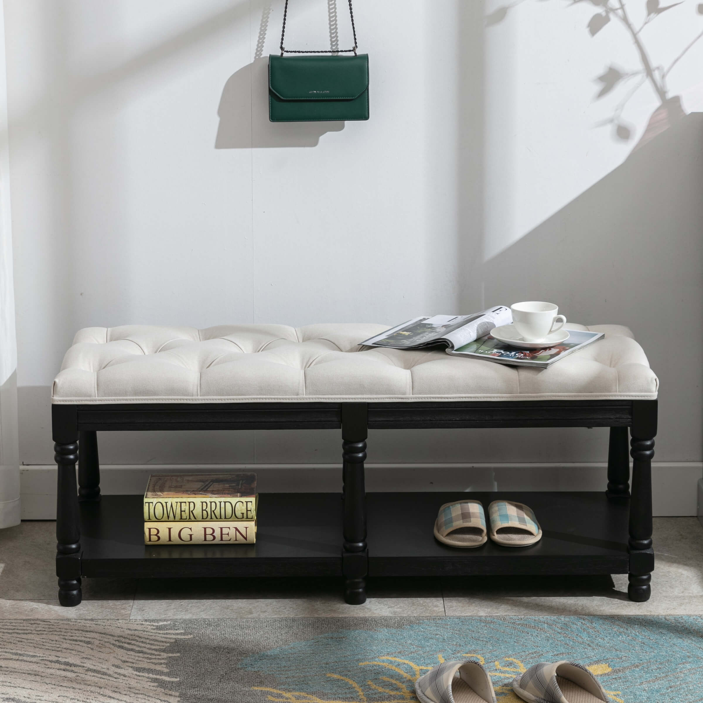 Janoray Mid Century Tufted Linen Upholstered Storage Bench - 2204BH