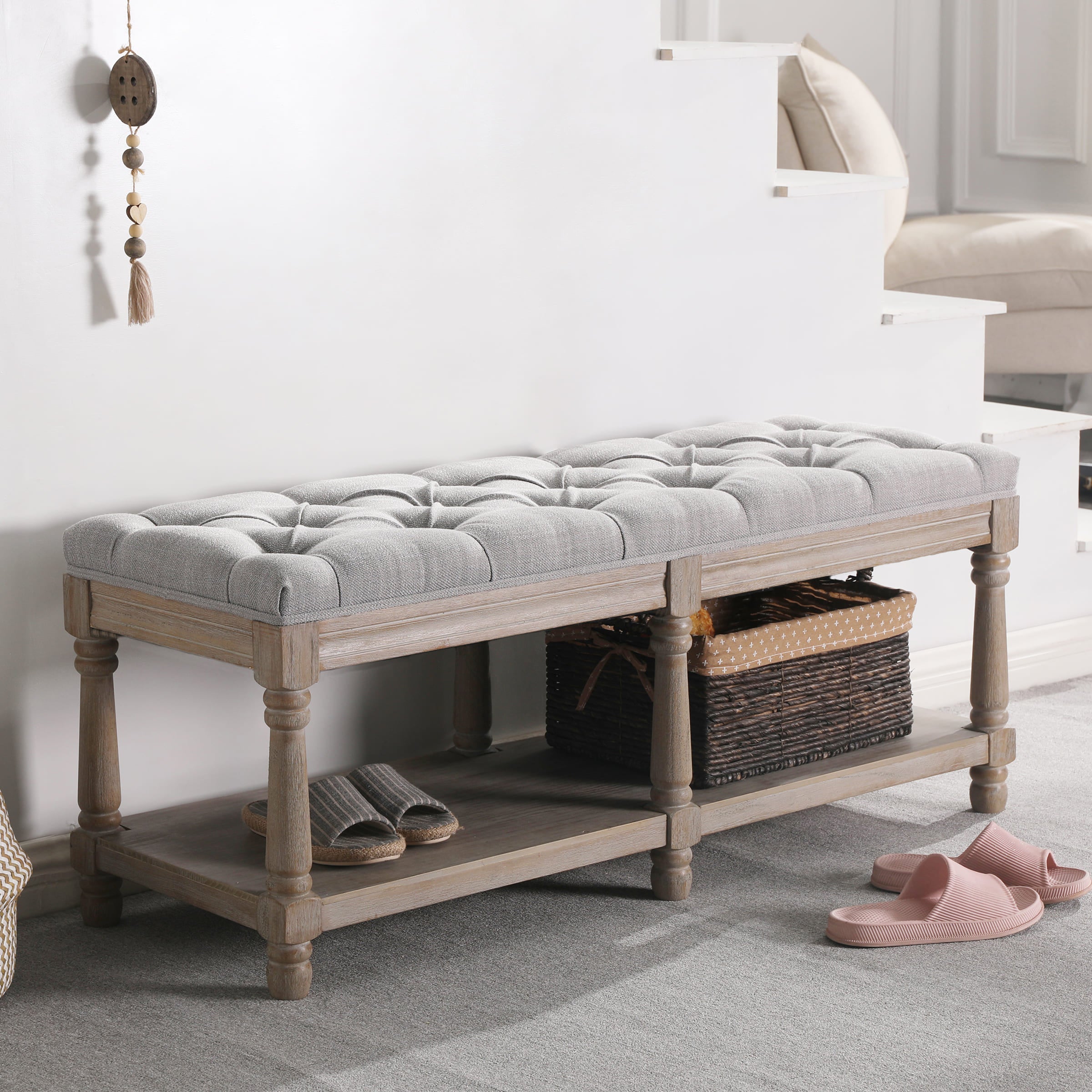 Janoray Mid Century Tufted Linen Upholstered Storage Bench - 2204BH