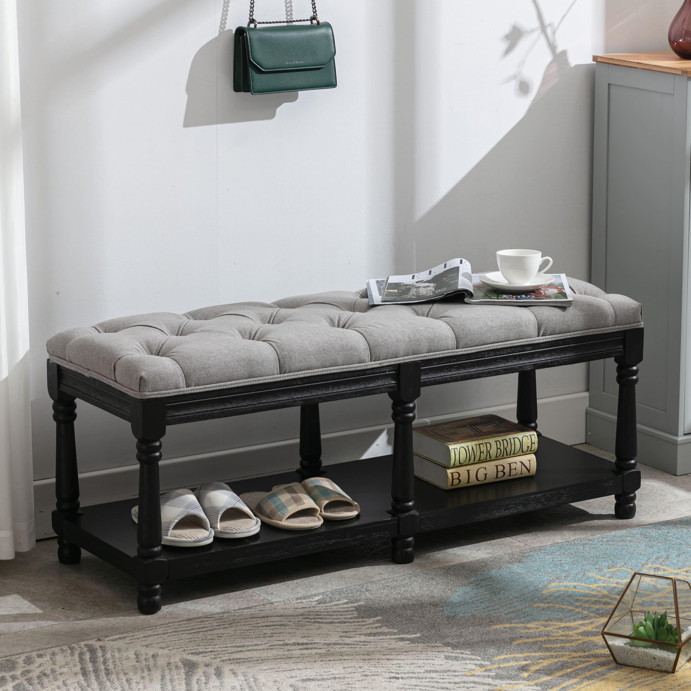 Mid Century Tufted Linen Upholstered Storage Bench - 2204BH