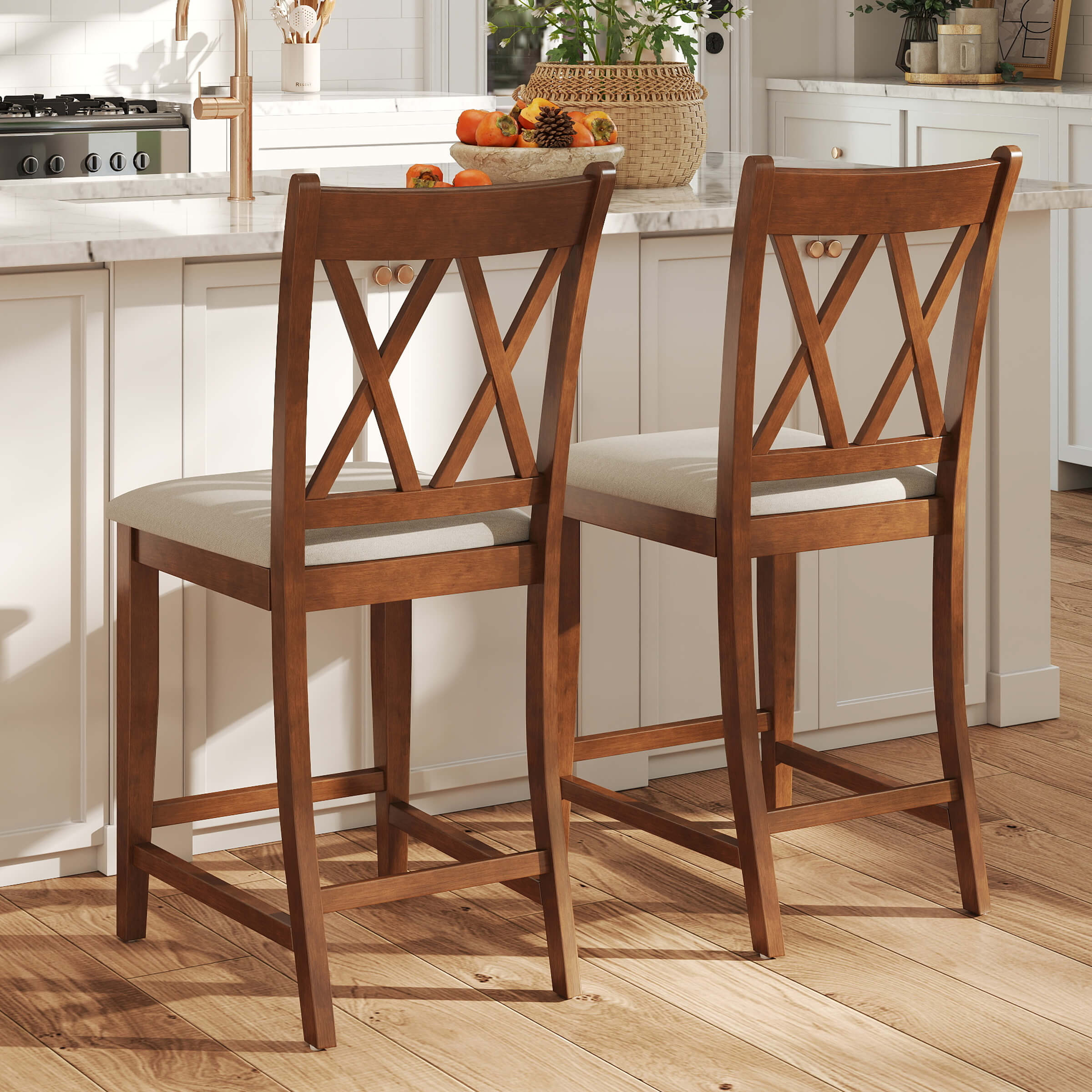 Janoray Farmhouse Cross-Back Wood Counter Stools Set of 2 - 50015CS