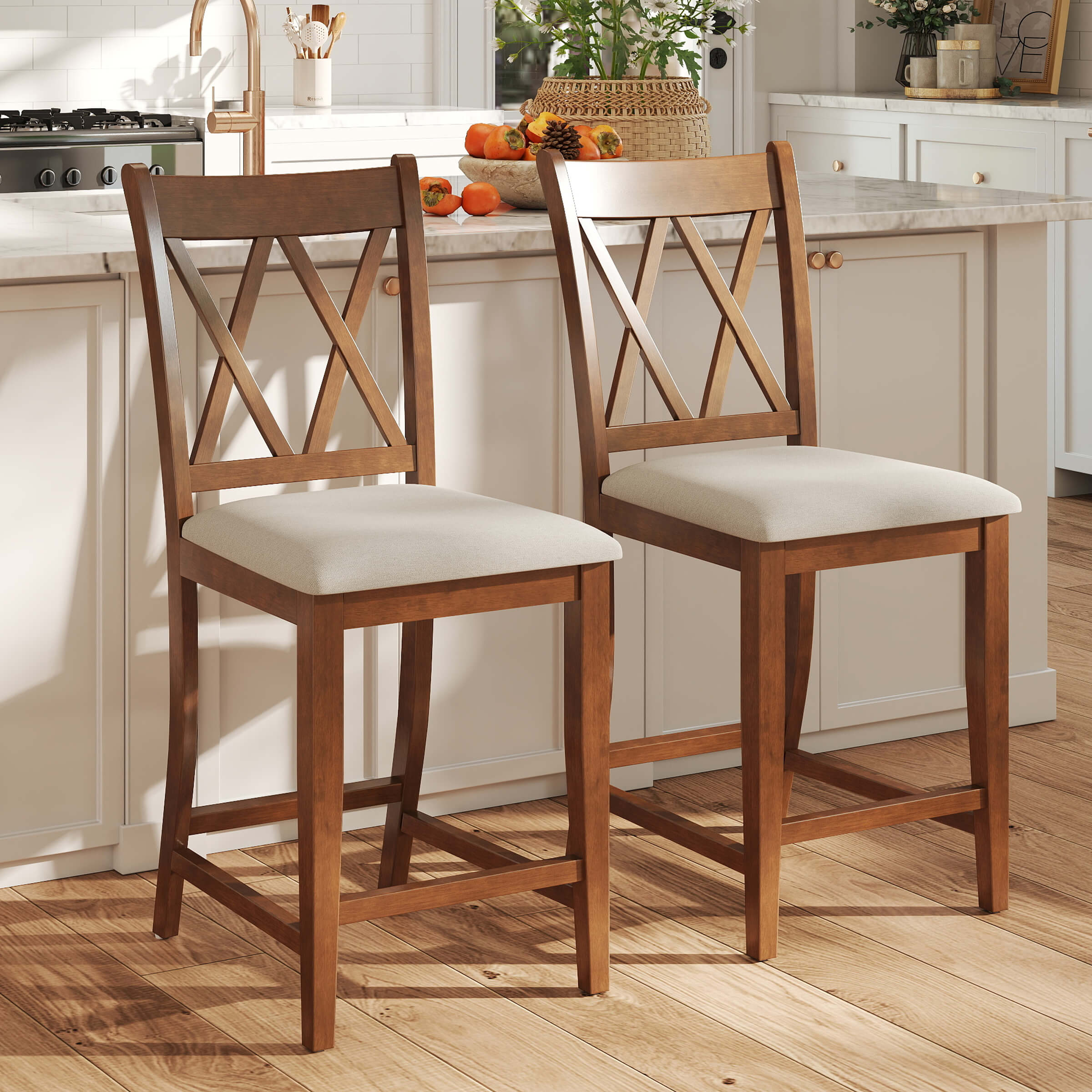 Janoray Farmhouse Cross-Back Wood Counter Stools Set of 2 - 50015CS