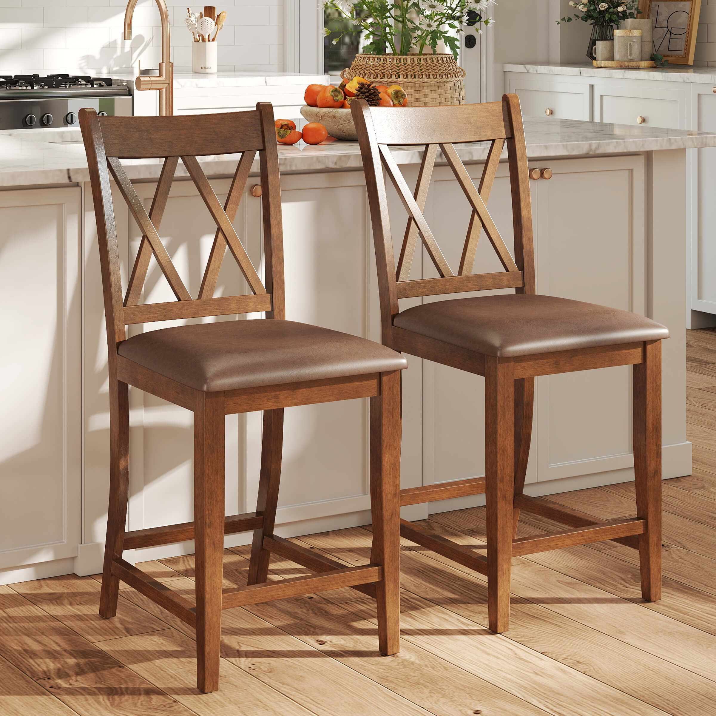 Janoray Farmhouse Cross-Back Wood Counter Stools Set of 2 - 50015CS