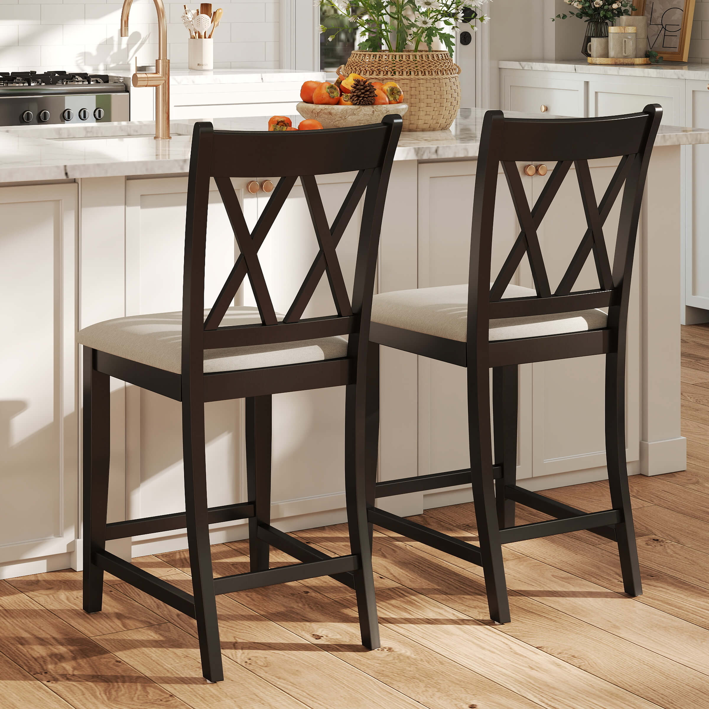 Janoray Farmhouse Cross-Back Wood Counter Stools Set of 2 - 50015CS