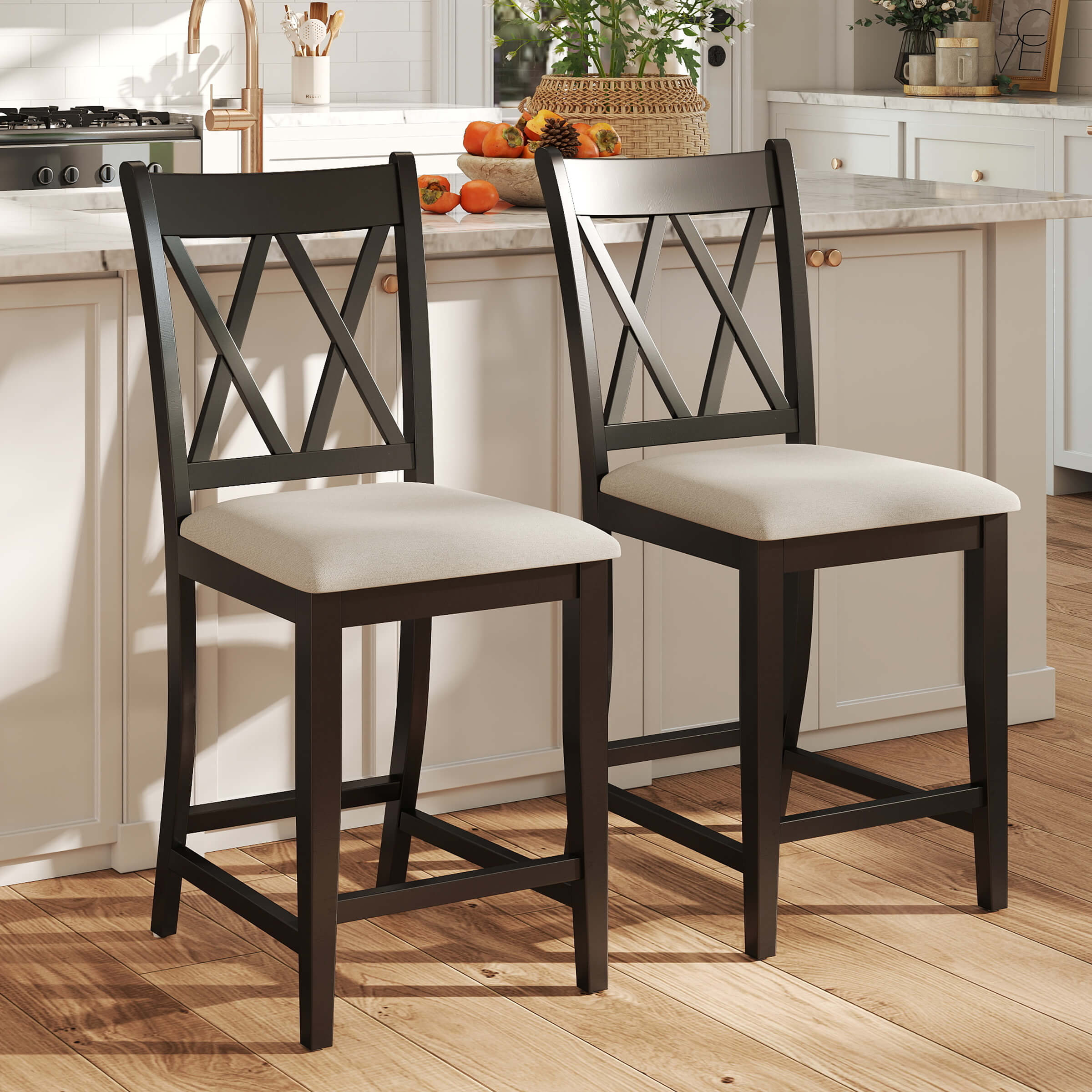 Janoray Farmhouse Cross-Back Wood Counter Stools Set of 2 - 50015CS