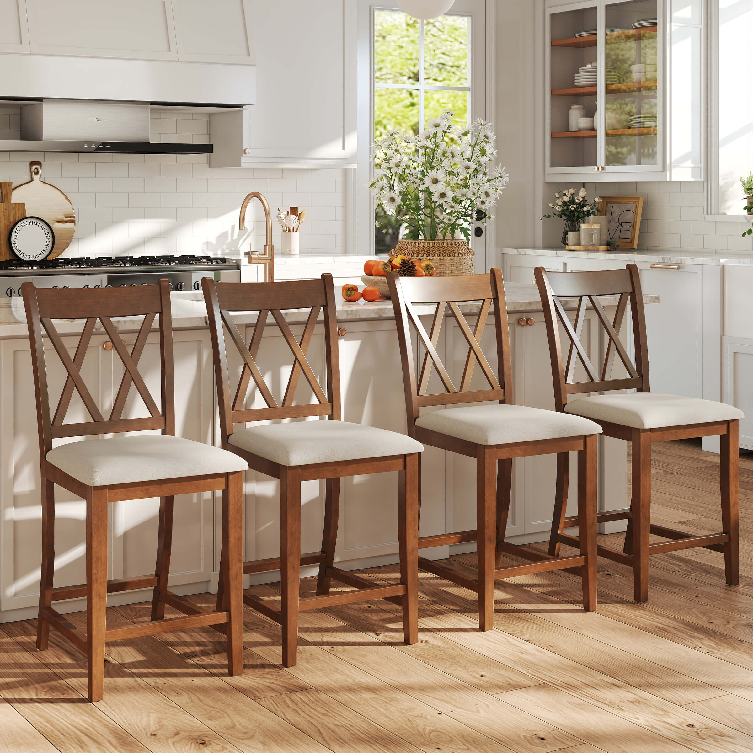 Janoray Farmhouse Cross-Back Wood Counter Stools Set of 2 - 50015CS