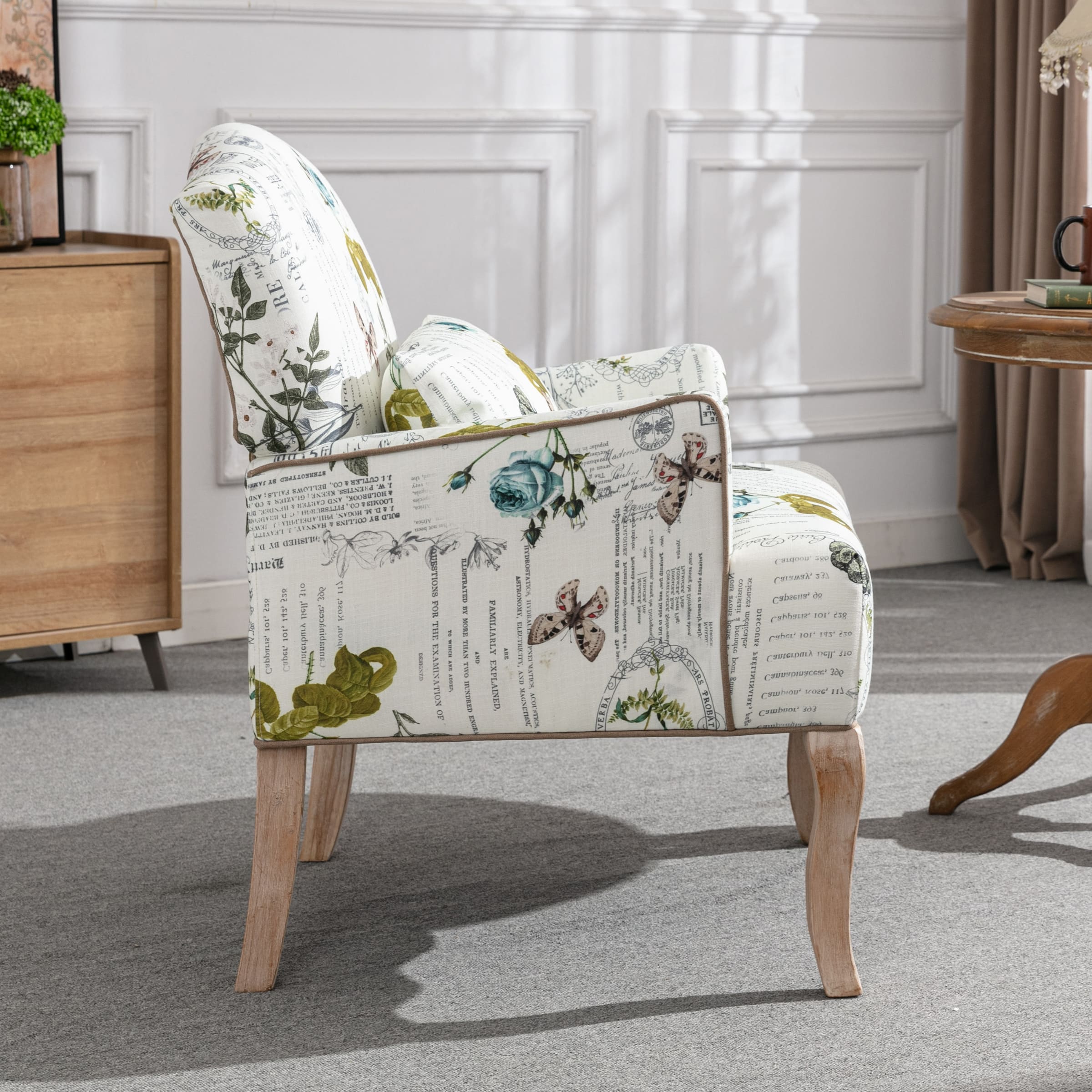 Janoray Mid Century Fabric Floral Armchair with Pillow - 8106AC