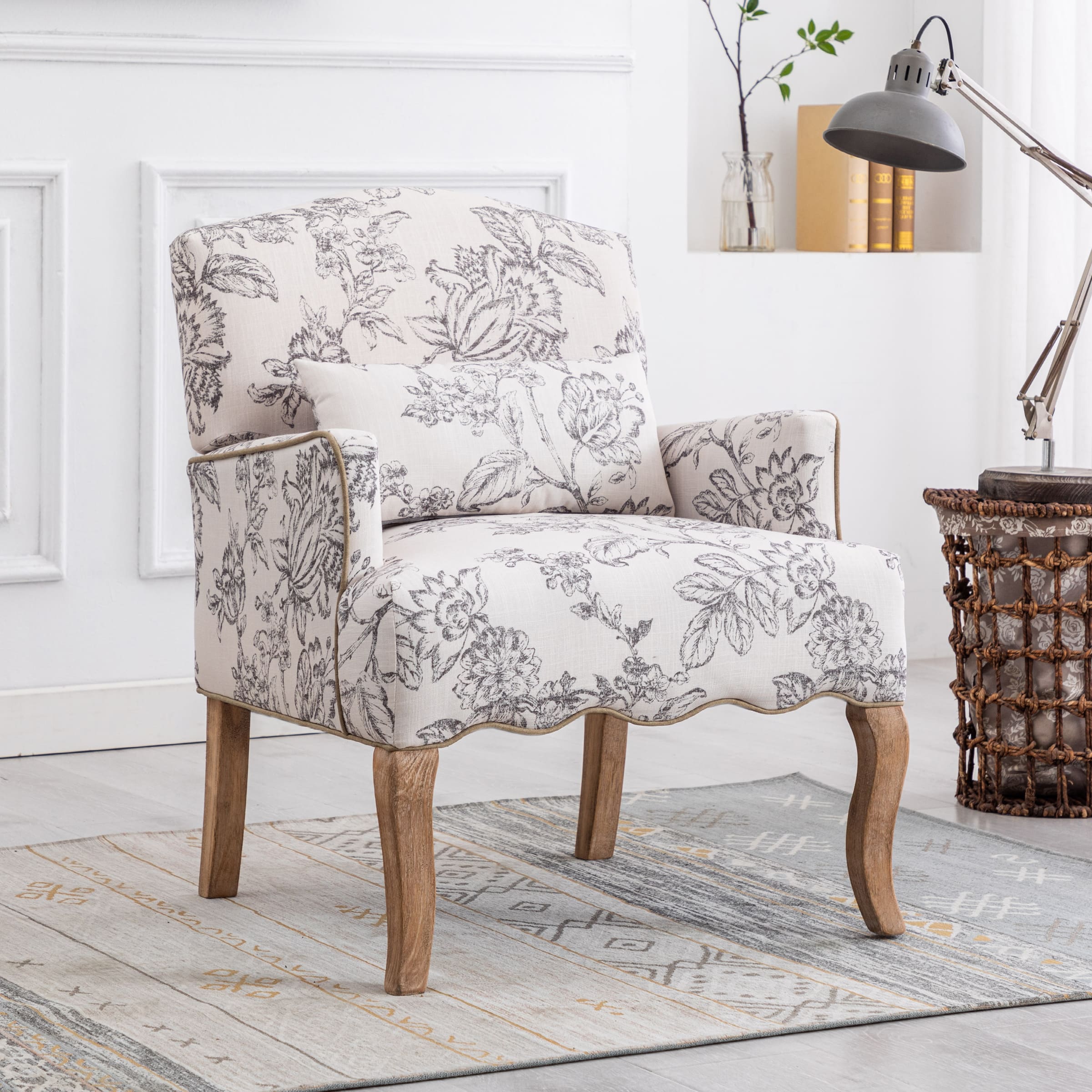 Janoray Mid Century Fabric Floral Armchair with Pillow - 8106AC