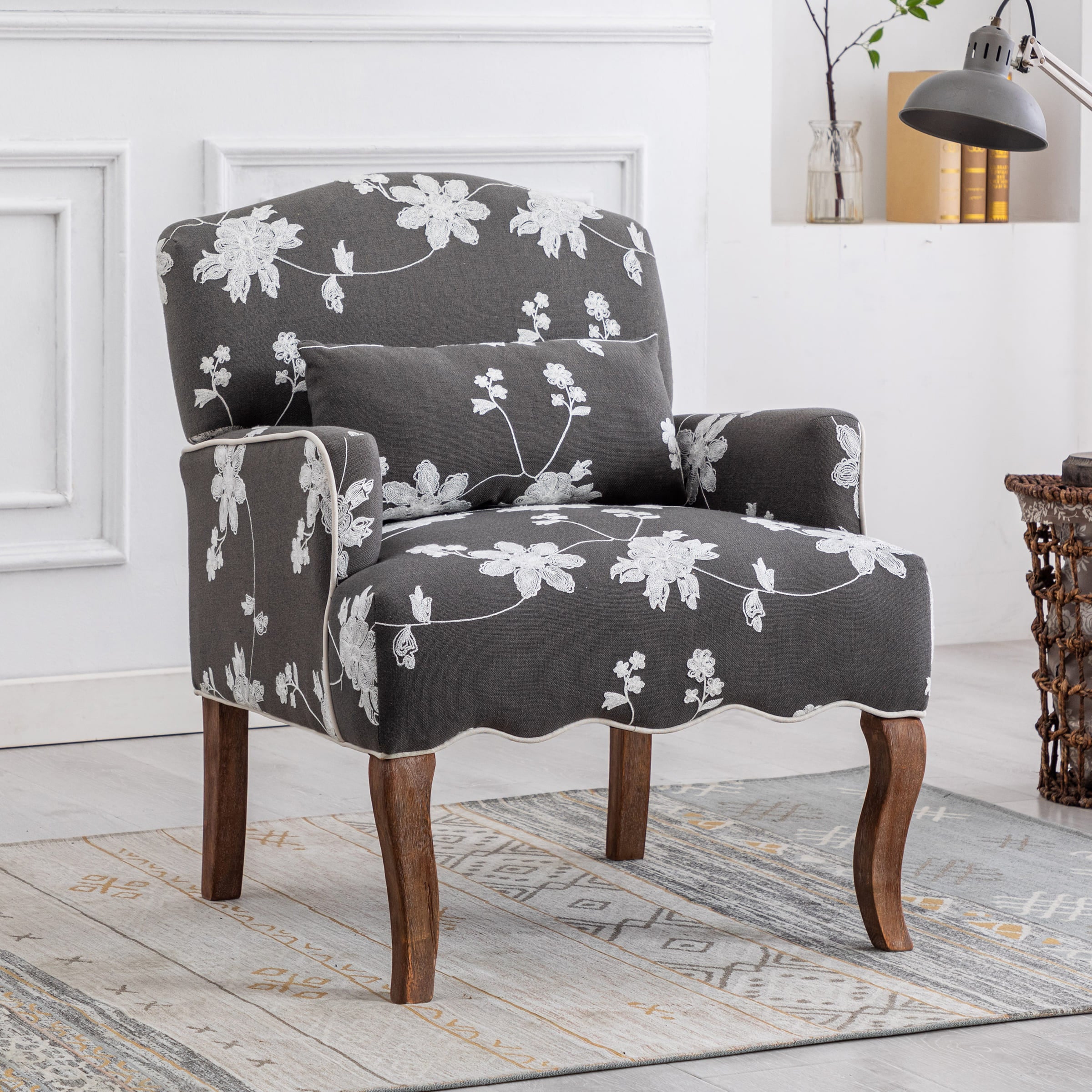 Janoray Mid Century Fabric Floral Armchair with Pillow - 8106AC