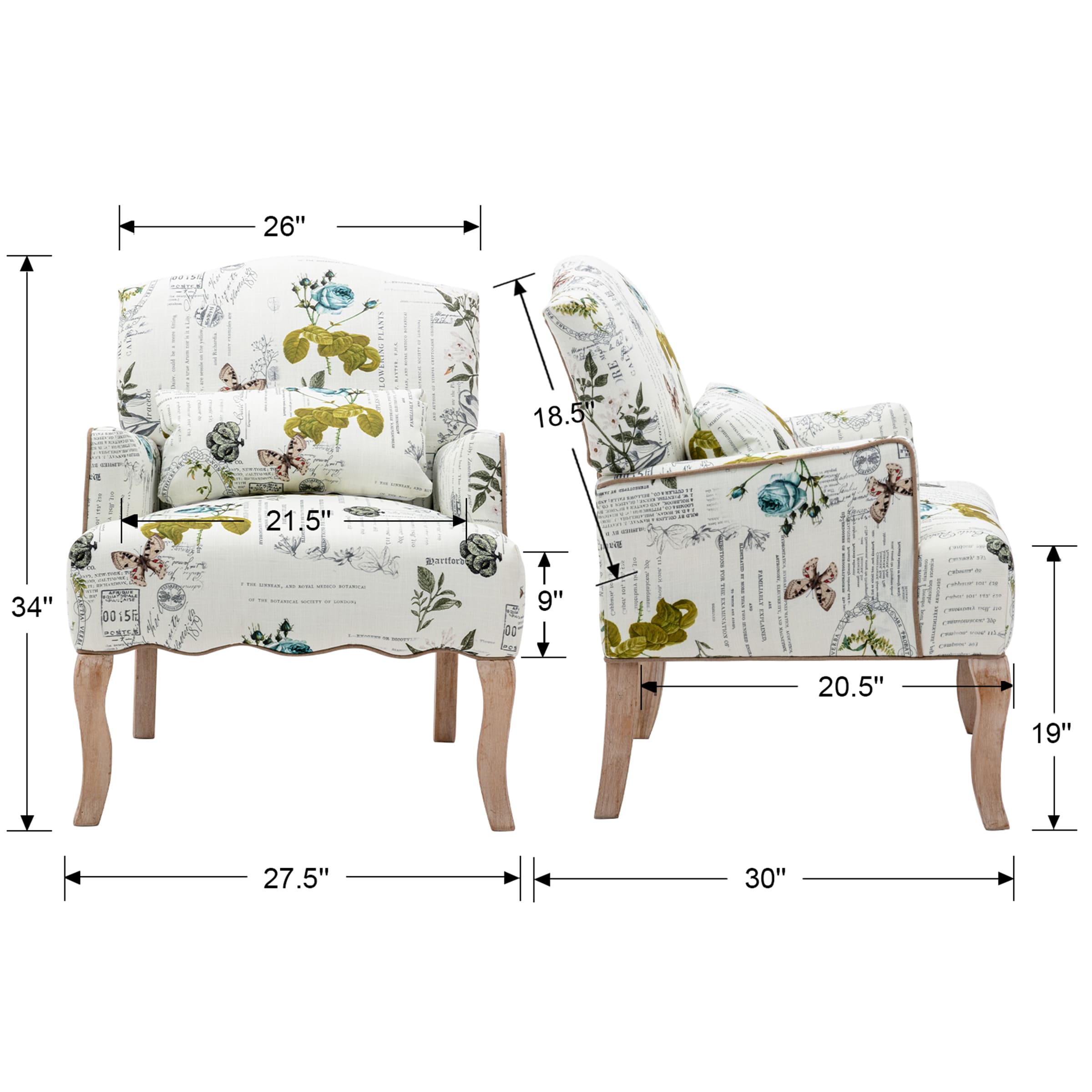 Janoray Mid Century Fabric Floral Armchair with Pillow - 8106AC