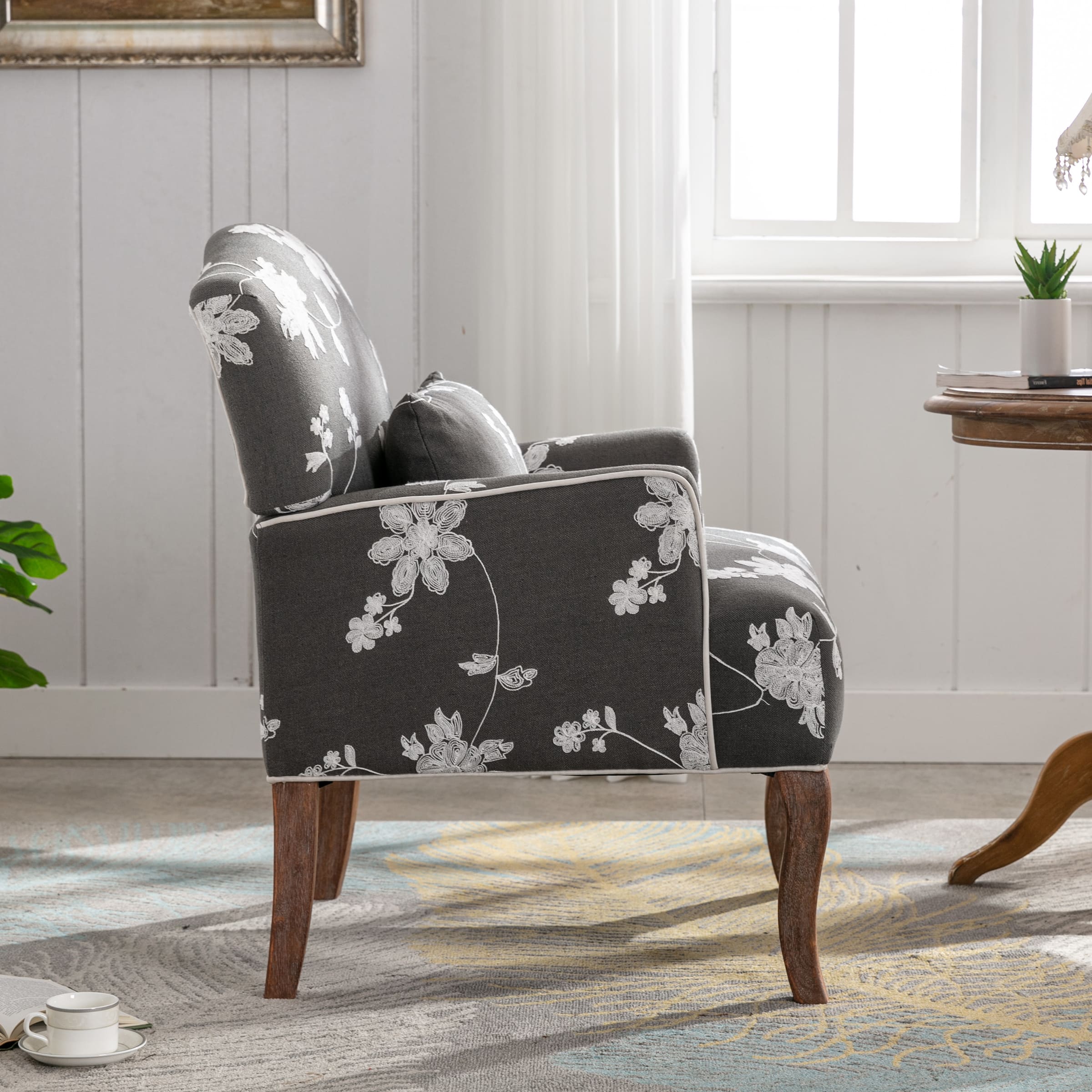 Janoray Mid Century Fabric Floral Armchair with Pillow - 8106AC