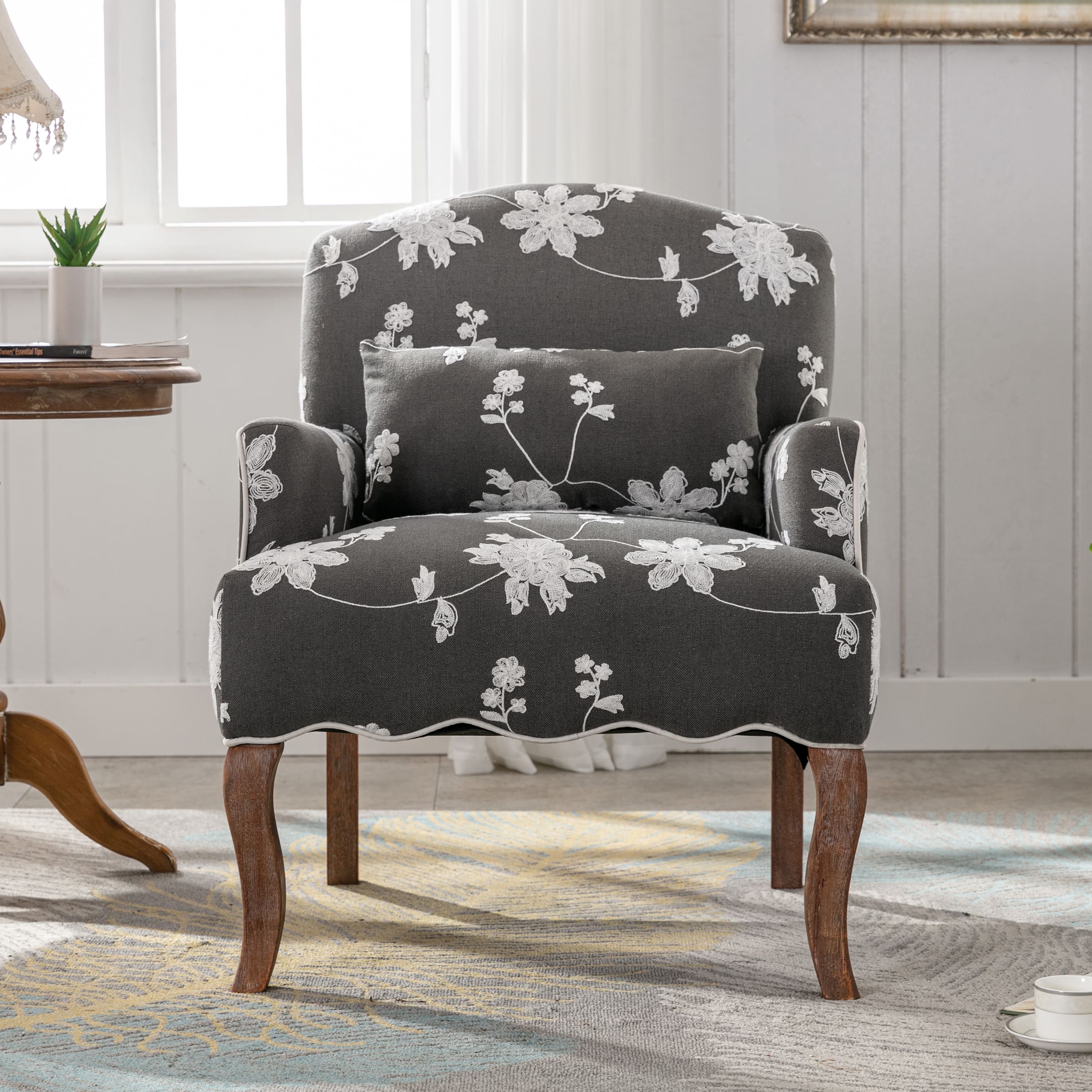 Janoray Mid Century Fabric Floral Armchair with Pillow - 8106AC