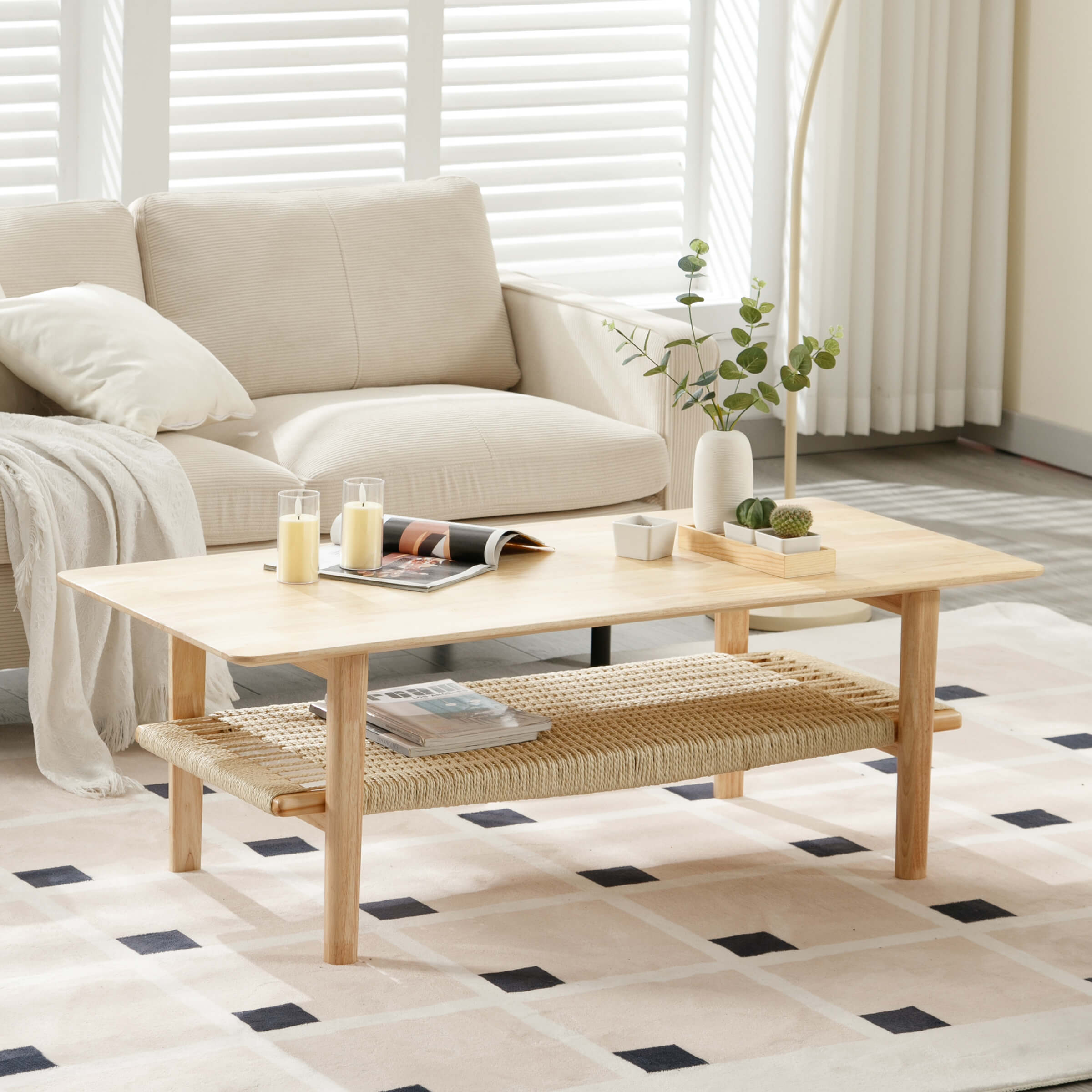 VESCASA 2-Tier Coffee Table with Natural Rattan Storage Shelf - 21793CT