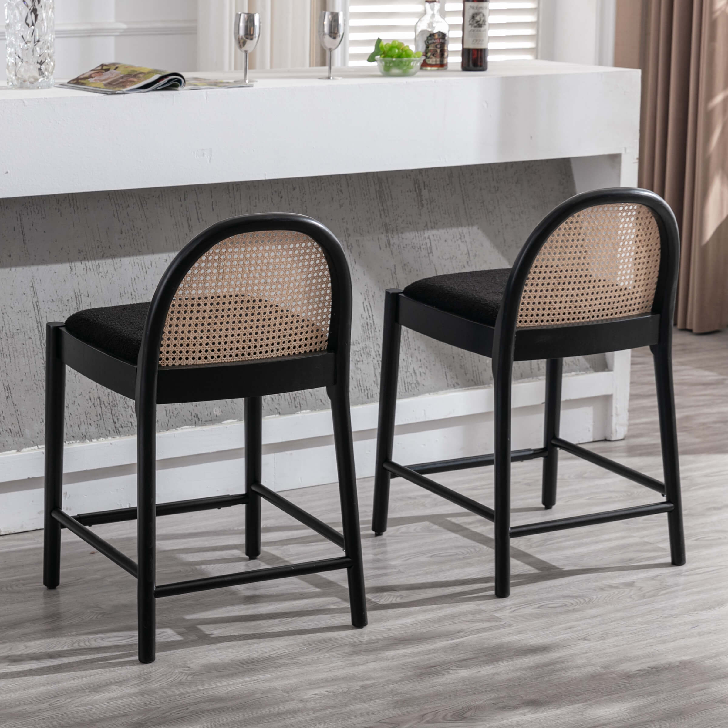 Kmax 26"H & 30"H Rattan Backrest Wooden Legs Counter Height Stools Set of 2 - 5696CS