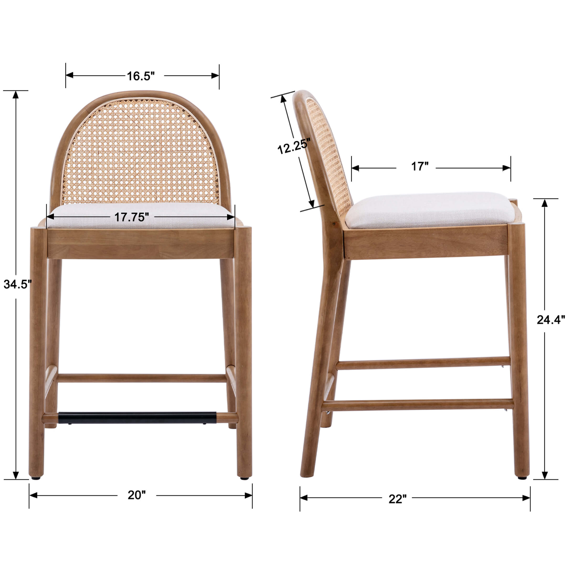 Kmax 26"H & 30"H Rattan Backrest Wooden Legs Counter Height Stools Set of 2 - 5696CS
