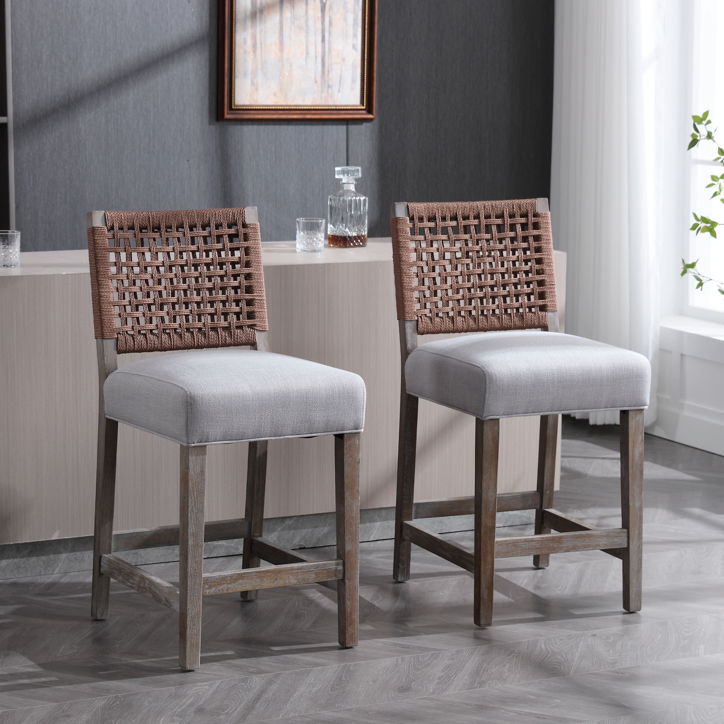Kmax 27"H Farmhouse Woven Backrest Counter Stools Set of 2 - 2227CS