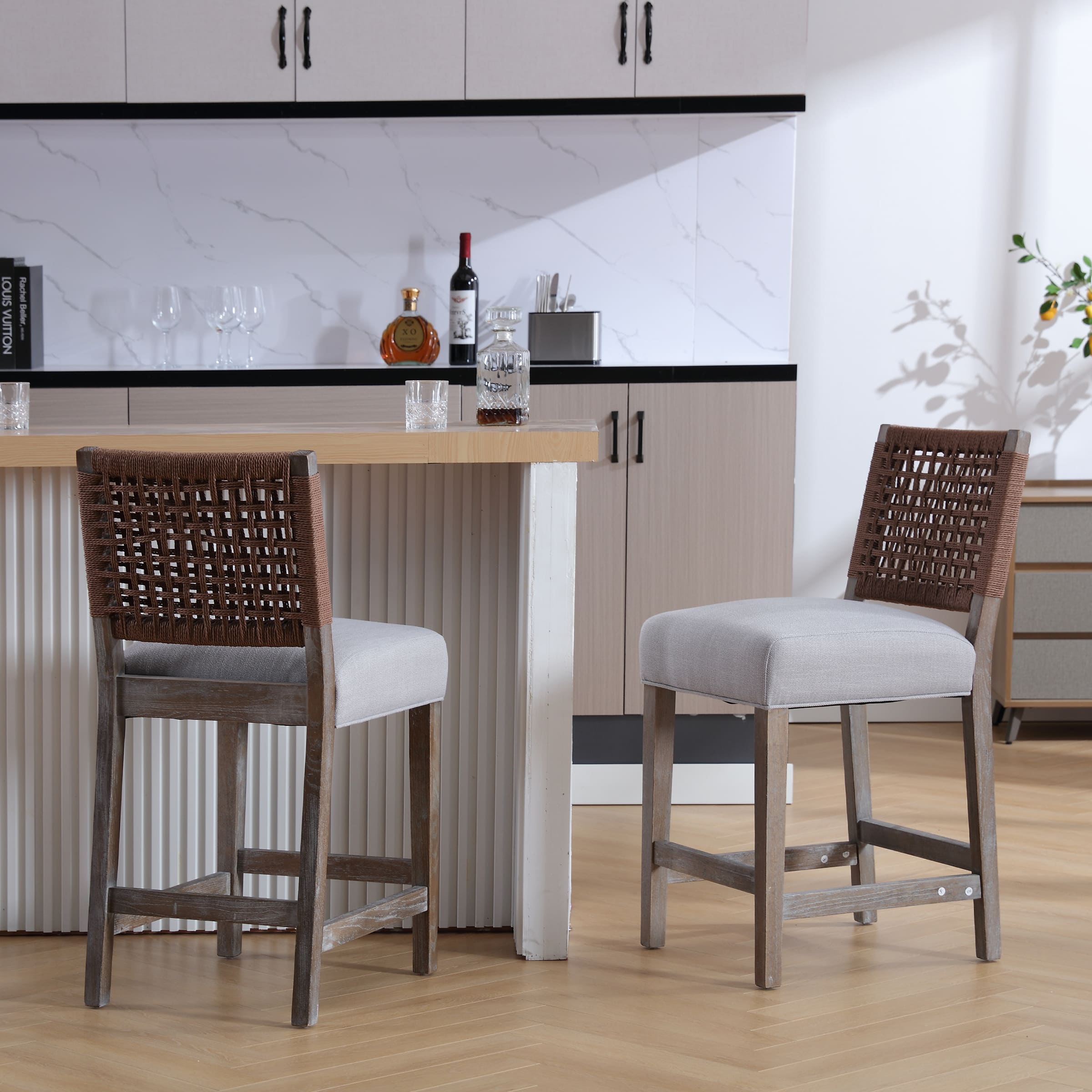 Kmax 27"H Farmhouse Woven Backrest Counter Stools Set of 2 - 2227CS