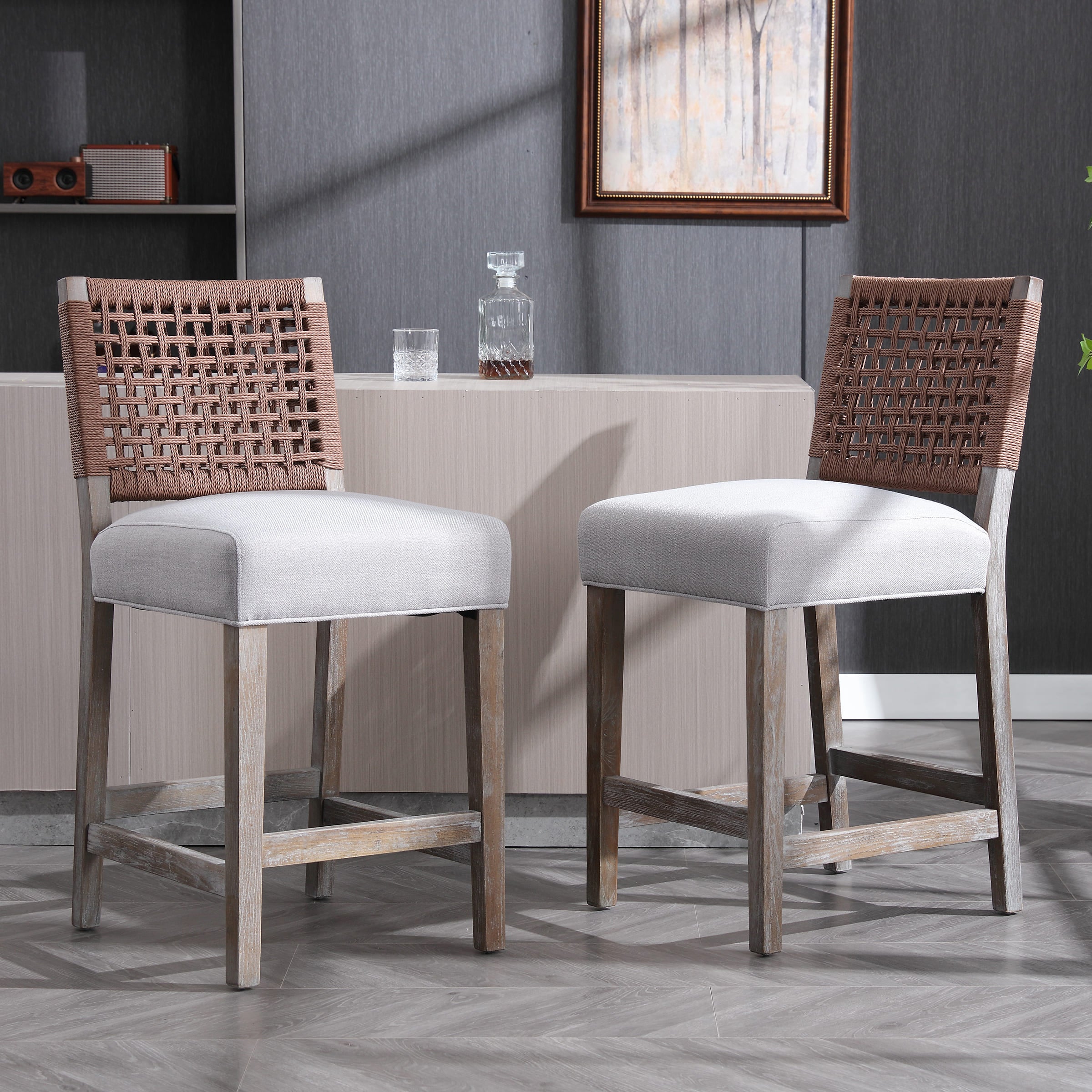 Kmax 27"H Farmhouse Woven Backrest Counter Stools Set of 2 - 2227CS