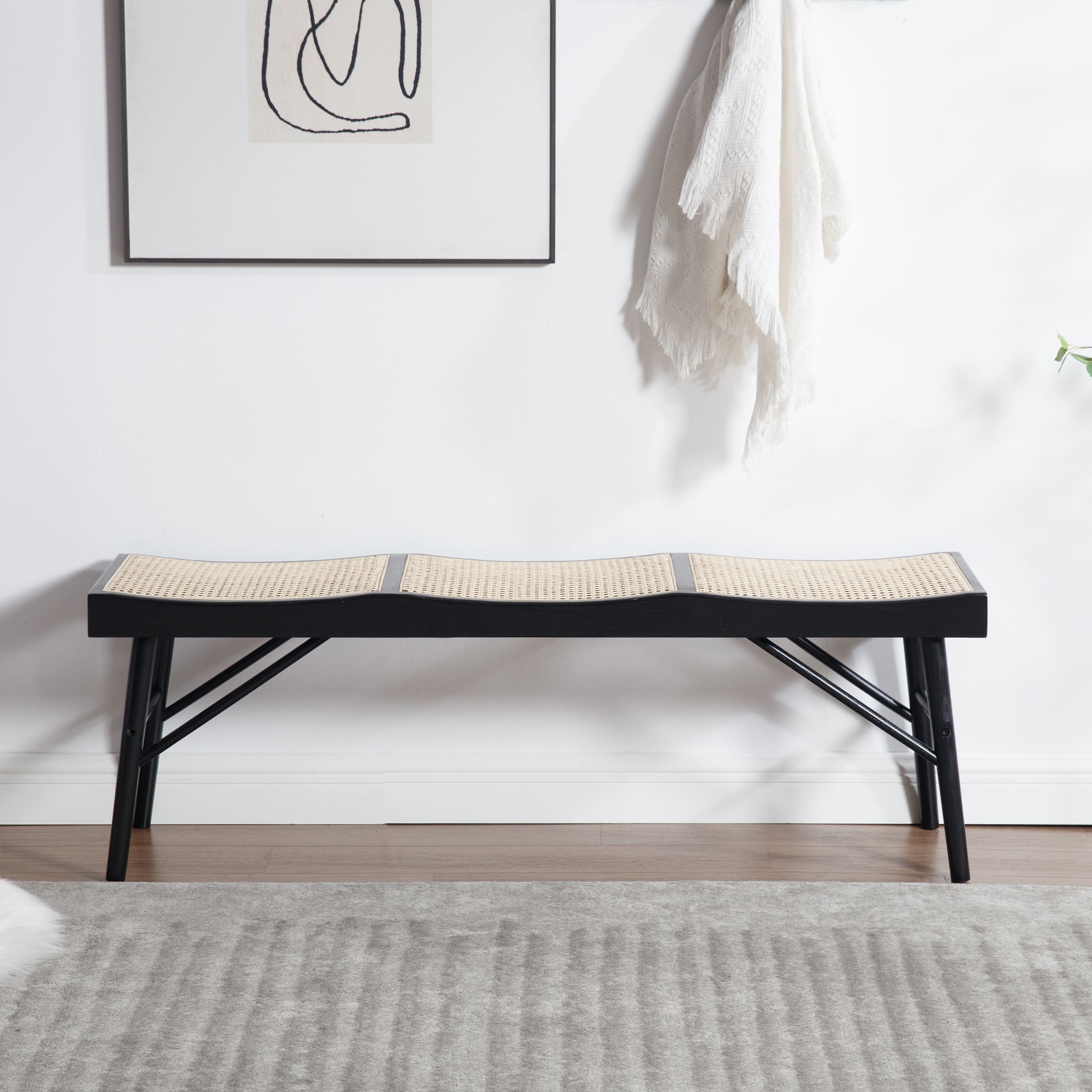 Kmax 55"W Black Rattan Entryway Bench - 1899BH