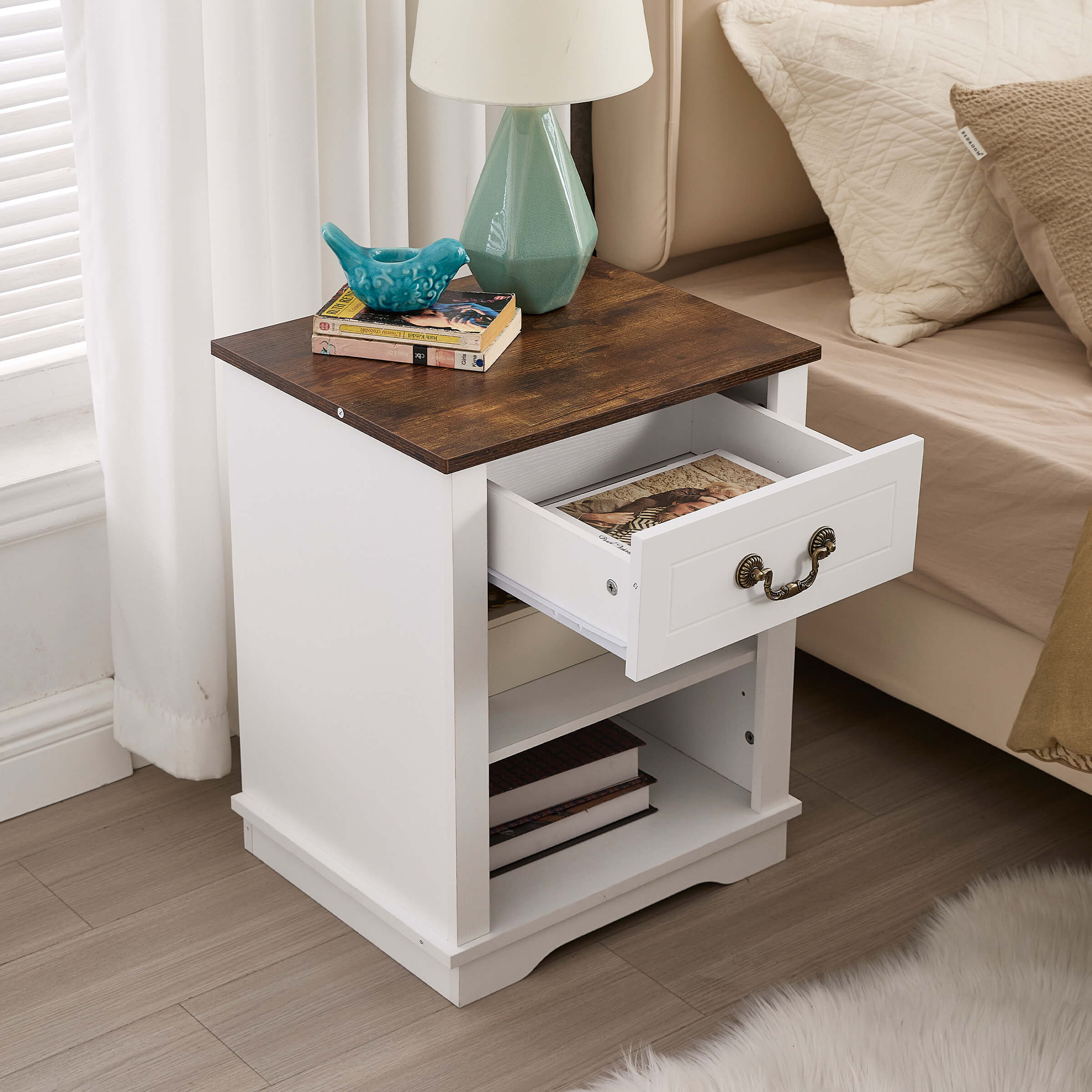 Kmax Farmhouse Nightstand with Drawer and Adjustable Shelf - XX162CB