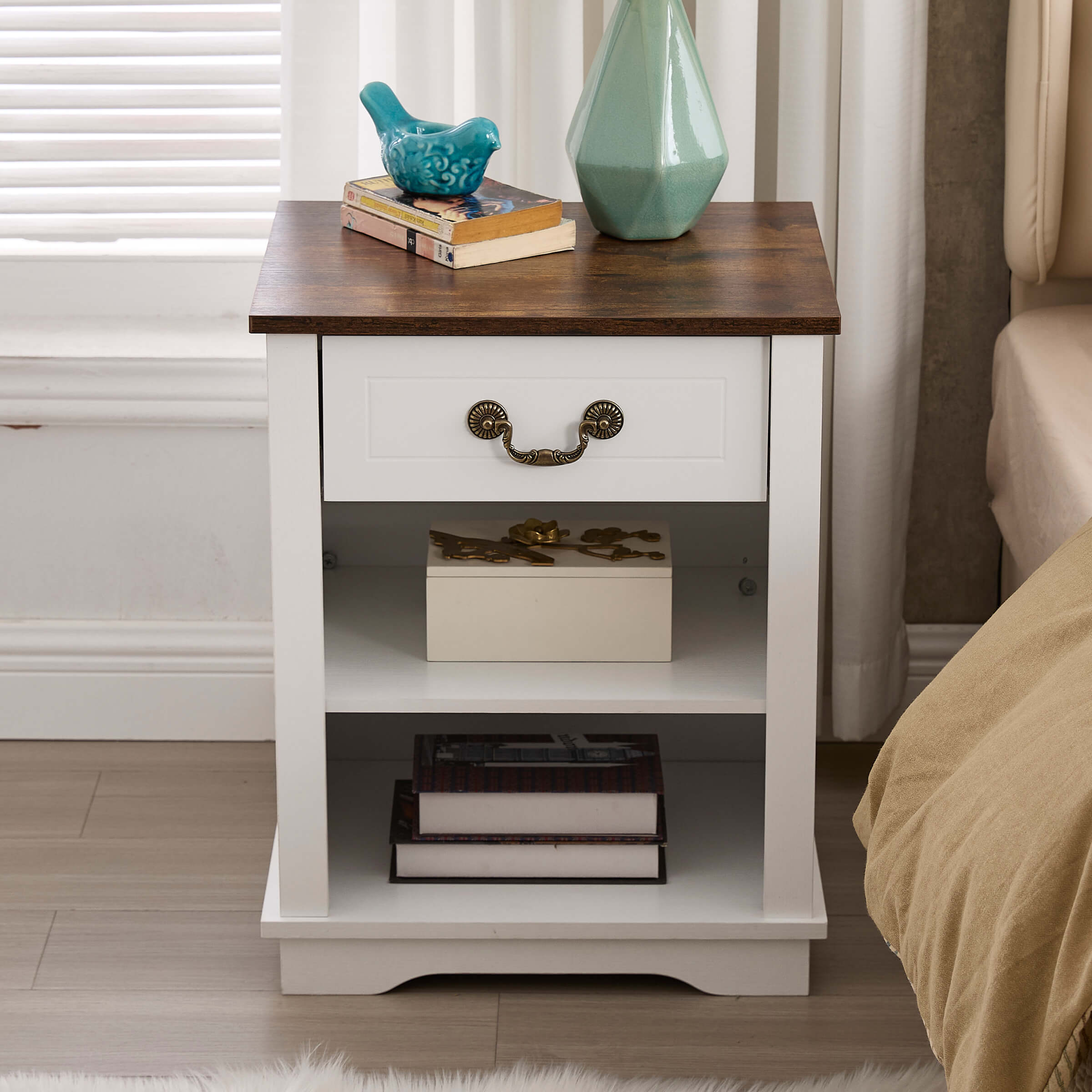 Kmax Farmhouse Nightstand with Drawer and Adjustable Shelf - XX162CB