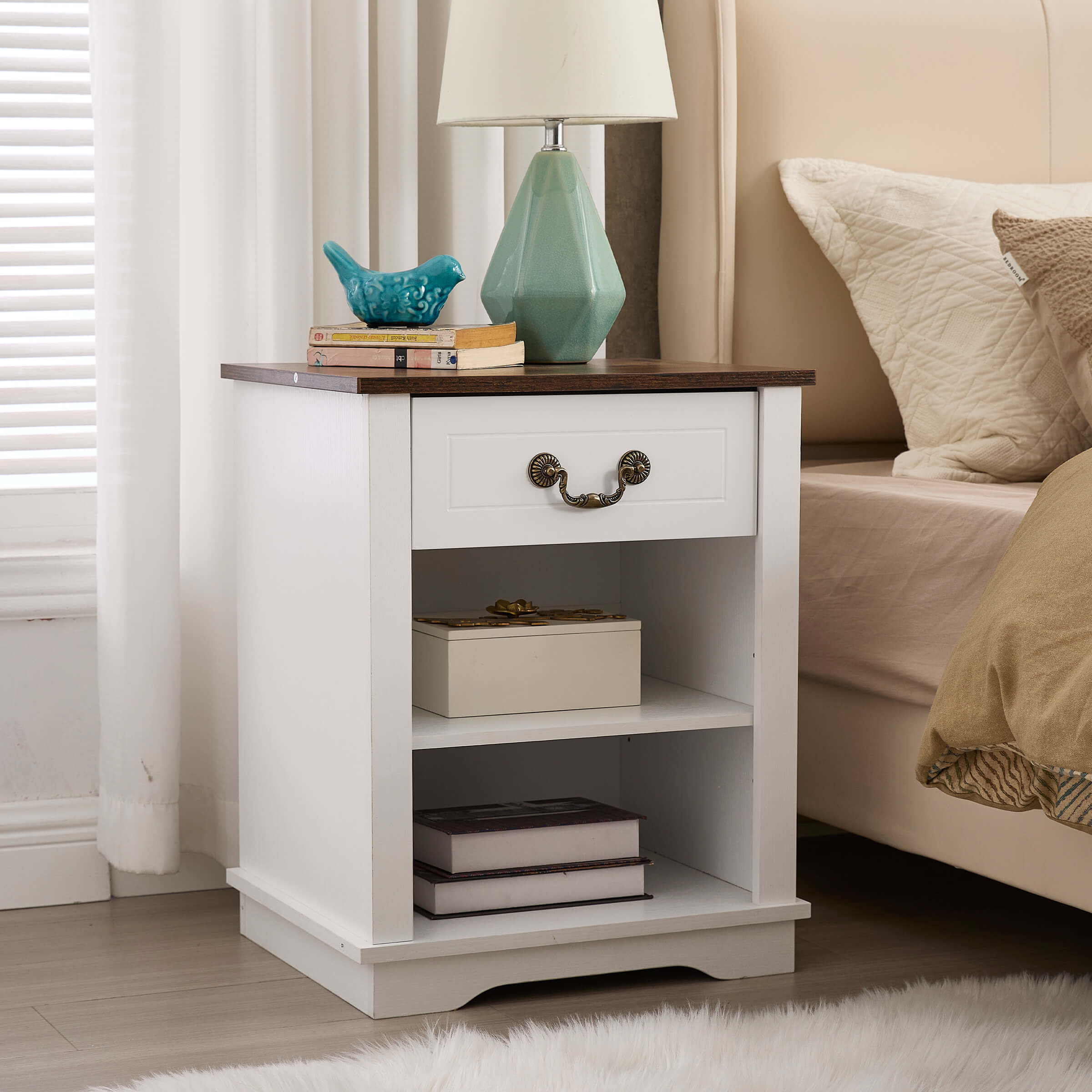 Kmax Farmhouse Nightstand with Drawer and Adjustable Shelf - XX162CB