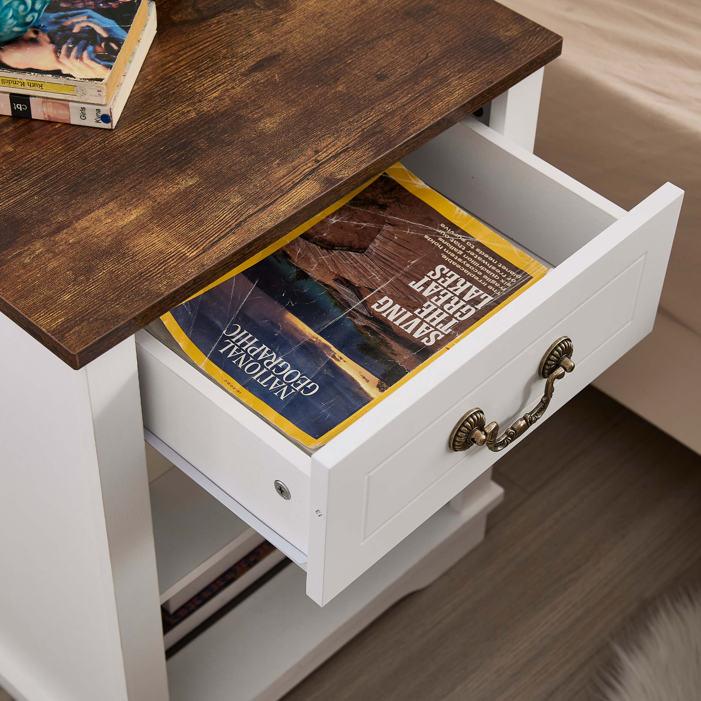 Kmax Farmhouse Nightstand with Drawer and Adjustable Shelf - XX162CB