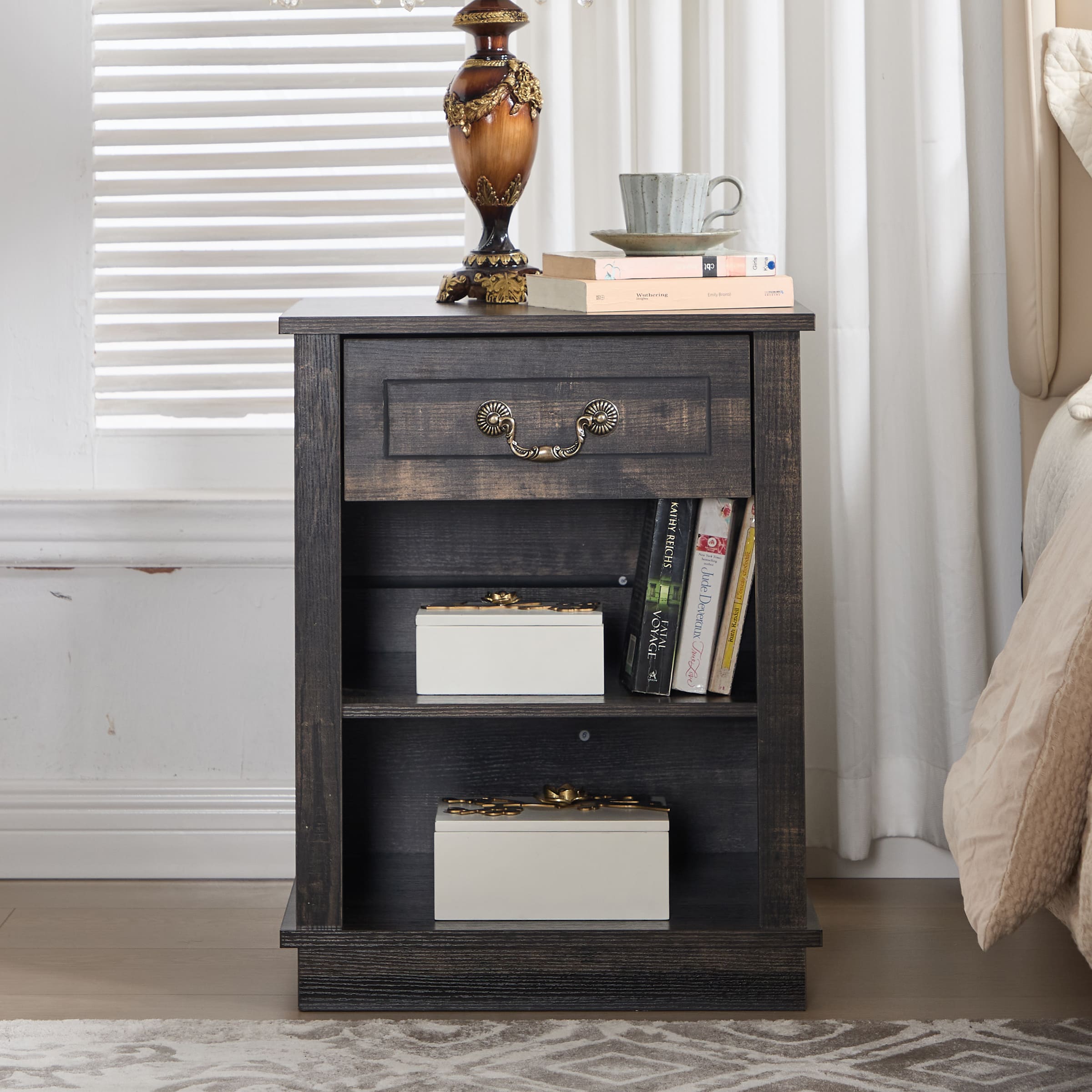Kmax Farmhouse Nightstand with Drawer and Adjustable Shelf - XX162CB